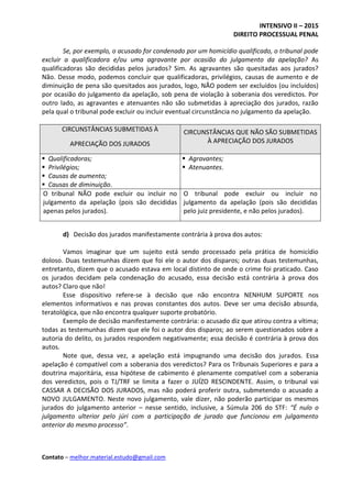 INTENSIVO II – 2015
DIREITO PROCESSUAL PENAL
Contato – melhor.material.estudo@gmail.com
Se, por exemplo, o acusado for condenado por um homicídio qualificado, o tribunal pode
excluir a qualificadora e/ou uma agravante por ocasião do julgamento da apelação? As
qualificadoras são decididas pelos jurados? Sim. As agravantes são quesitadas aos jurados?
Não. Desse modo, podemos concluir que qualificadoras, privilégios, causas de aumento e de
diminuição de pena são quesitados aos jurados, logo, NÃO podem ser excluídos (ou incluídos)
por ocasião do julgamento da apelação, sob pena de violação à soberania dos veredictos. Por
outro lado, as agravantes e atenuantes não são submetidas à apreciação dos jurados, razão
pela qual o tribunal pode excluir ou incluir eventual circunstância no julgamento da apelação.
CIRCUNSTÂNCIAS SUBMETIDAS À
APRECIAÇÃO DOS JURADOS
CIRCUNSTÂNCIAS QUE NÃO SÃO SUBMETIDAS
À APRECIAÇÃO DOS JURADOS
 Qualificadoras;
 Privilégios;
 Causas de aumento;
 Causas de diminuição.
 Agravantes;
 Atenuantes.
O tribunal NÃO pode excluir ou incluir no
julgamento da apelação (pois são decididas
apenas pelos jurados).
O tribunal pode excluir ou incluir no
julgamento da apelação (pois são decididas
pelo juiz presidente, e não pelos jurados).
d) Decisão dos jurados manifestamente contrária à prova dos autos:
Vamos imaginar que um sujeito está sendo processado pela prática de homicídio
doloso. Duas testemunhas dizem que foi ele o autor dos disparos; outras duas testemunhas,
entretanto, dizem que o acusado estava em local distinto de onde o crime foi praticado. Caso
os jurados decidam pela condenação do acusado, essa decisão está contrária à prova dos
autos? Claro que não!
Esse dispositivo refere-se à decisão que não encontra NENHUM SUPORTE nos
elementos informativos e nas provas constantes dos autos. Deve ser uma decisão absurda,
teratológica, que não encontra qualquer suporte probatório.
Exemplo de decisão manifestamente contrária: o acusado diz que atirou contra a vítima;
todas as testemunhas dizem que ele foi o autor dos disparos; ao serem questionados sobre a
autoria do delito, os jurados respondem negativamente; essa decisão é contrária à prova dos
autos.
Note que, dessa vez, a apelação está impugnando uma decisão dos jurados. Essa
apelação é compatível com a soberania dos veredictos? Para os Tribunais Superiores e para a
doutrina majoritária, essa hipótese de cabimento é plenamente compatível com a soberania
dos veredictos, pois o TJ/TRF se limita a fazer o JUÍZO RESCINDENTE. Assim, o tribunal vai
CASSAR A DECISÃO DOS JURADOS, mas não poderá proferir outra, submetendo o acusado a
NOVO JULGAMENTO. Neste novo julgamento, vale dizer, não poderão participar os mesmos
jurados do julgamento anterior – nesse sentido, inclusive, a Súmula 206 do STF: “É nulo o
julgamento ulterior pelo júri com a participação de jurado que funcionou em julgamento
anterior do mesmo processo”.
 
