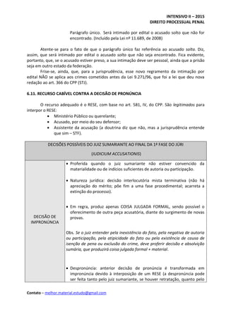 INTENSIVO II – 2015
DIREITO PROCESSUAL PENAL
Contato – melhor.material.estudo@gmail.com
Parágrafo único. Será intimado por edital o acusado solto que não for
encontrado. (Incluído pela Lei nº 11.689, de 2008)
Atente-se para o fato de que o parágrafo único faz referência ao acusado solto. Diz,
assim, que será intimado por edital o acusado solto que não seja encontrado. Fica evidente,
portanto, que, se o acusado estiver preso, a sua intimação deve ser pessoal, ainda que a prisão
seja em outro estado da federação.
Frise-se, ainda, que, para a jurisprudência, esse novo regramento da intimação por
edital NÃO se aplica aos crimes cometidos antes da Lei 9.271/96, que foi a lei que deu nova
redação ao art. 366 do CPP (STJ).
6.11. RECURSO CABÍVEL CONTRA A DECISÃO DE PRONÚNCIA
O recurso adequado é o RESE, com base no art. 581, IV, do CPP. São legitimados para
interpor o RESE:
 Ministério Público ou querelante;
 Acusado, por meio do seu defensor;
 Assistente da acusação (a doutrina diz que não, mas a jurisprudência entende
que sim – STF).
DECISÕES POSSÍVEIS DO JUIZ SUMARIANTE AO FINAL DA 1ª FASE DO JÚRI
(IUDICIUM ACCUSATIONIS)
DECISÃO DE
IMPRONÚNCIA
 Proferida quando o juiz sumariante não estiver convencido da
materialidade ou de indícios suficientes de autoria ou participação.
 Natureza jurídica: decisão interlocutória mista terminativa (não há
apreciação do mérito; põe fim a uma fase procedimental; acarreta a
extinção do processo).
 Em regra, produz apenas COISA JULGADA FORMAL, sendo possível o
oferecimento de outra peça acusatória, diante do surgimento de novas
provas.
Obs. Se o juiz entender pela inexistência do fato, pela negativa de autoria
ou participação, pela atipicidade do fato ou pela existência de causa de
isenção de pena ou exclusão do crime, deve proferir decisão e absolvição
sumária, que produzirá coisa julgada formal + material.
 Despronúncia: anterior decisão de pronúncia é transformada em
impronúncia devido à interposição de um RESE (a despronúncia pode
ser feita tanto pelo juiz sumariante, se houver retratação, quanto pelo
 