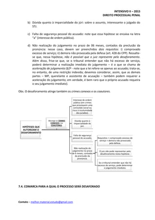 INTENSIVO II – 2015
DIREITO PROCESSUAL PENAL
Contato – melhor.material.estudo@gmail.com
b) Dúvida quanto à imparcialidade do júri: sobre o assunto, interessante o julgado do
STJ.
c) Falta de segurança pessoal do acusado: note que essa hipótese se encaixa na letra
“a” (interesse de ordem pública).
d) Não realização do julgamento no prazo de 06 meses, contados da preclusão da
pronúncia: nesse caso, devem ser preenchidos dois requisitos: i) comprovado
excesso de serviço; ii) demora não provocada pela defesa (art. 428 do CPP). Ressalte-
se que, nessa hipótese, não é possível que o juiz represente pelo desaforamento.
Além disso, frise-se que, se o tribunal entender que não há excesso de serviço,
poderá determinar a realização imediata do julgamento – é o que se chama de
aceleração de julgamento (§2º - note que a lei refere-se apenas ao acusado; trata-se,
no entanto, de uma restrição indevida; devemos considerar, assim, que as demais
partes – MP, querelante e assistente de acusação – também podem requerer a
aceleração do julgamento; em verdade, é bem raro que o próprio acusado requeira
o seu julgamento imediato).
Obs. O desaforamento atinge também os crimes conexos e os coautores.
7.4. COMARCA PARA A QUAL O PROCESSO SERÁ DESAFORADO
HIPÓTESES QUE
AUTORIZAM O
DESAFORAMENTO
Interesse de ordem
pública (em crimes
que provoquem uma
convulsão social ou
risco à incolumidade
dos jurados).
Dúvida quanto à
imparcialidade do
júri.
Falta de segurança
pessoal do acusado.
Não realização do
julgamento no prazo
de 6 meses, contados
da preclusão da
pronúncia.
Requisitos = comprovado excesso de
serviço + demora não provocada
pela defesa.
O juiz não pode representar pelo
desaforamento nesta hipótese.
Se o tribunal entender que não há
excesso de serviço, pode determinar
o julgamento imediato.
Abrange os CRIMES
CONEXOS e os
COAUTORES.
 