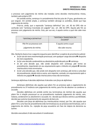 INTENSIVO II – 2015
DIREITO PROCESSUAL PENAL
Contato – melhor.material.estudo@gmail.com
o processo sem julgamento de mérito são tratadas como decisões interlocutórias mistas,
também pelo próprio CPP.
Em sentido estrito, sentença é o procedimento final do juízo de 1º grau, geralmente um
juiz singular. Em sentido amplo, a sentença também abrange os acórdãos, desde que haja
julgamento do mérito.
Frise-se, ainda, que a expressão “sentença definitiva” (ex.: art. 82 do CPP) não se
confunde com “sentença transitada em julgado” (ex.: art. 282 do CPP). Aquela põe fim ao
processo com julgamento de mérito. Esta, por sua vez, é aquela contra a qual não cabe mais
recurso.
“SENTENÇA DEFINITIVA”
“SENTENÇA TRANSITADA EM
JULGADO”
Põe fim ao processo com
julgamento de mérito.
É aquela contra a qual
não cabe recurso.
Obs. Norberto Avena traz o seguinte esquema para identificar a espécie de provimento judicial:
 Se for ato de mera movimentação processual, sem qualquer carga decisória despacho
de mero expediente.
 Se for uma decisão condenatória ou absolutória proferida pelo juiz sentença.
 Se for uma decisão que, não sendo despacho nem sentença, põe termo ao
procedimento, importando em seu arquivamento após o trânsito em julgado decisão
interlocutória mista terminativa.
 Se for uma decisão que, não sendo nem despacho nem sentença, põe termo a uma fase
do procedimento, dando início a outra, sem importar, contudo, em arquivamento após o
trânsito em julgado decisão interlocutória mista não terminativa.
Sentenças definitivas X decisões definitivas X decisões com força de definitivas:
Sentenças definitivas são aquelas que põem fim ao processo após o esgotamento do
procedimento na 1ª instância com julgamento do mérito, para fins de absolver ou condenar o
acusado.
Decisões definitivas em sentido estrito (ou terminativas de mérito) são aquelas que
põem fim à relação processual ou ao procedimento mediante julgamento do mérito, sem,
todavia, condenarem ou absolverem o acusado. Ex.: decisão que declara extinta a punibilidade;
decisão que autoriza levantamento de sequestro de bens etc.
Decisões com força de definitivas (ou interlocutórias mistas), por fim, são aquelas que
põem fim a uma fase do procedimento (não terminativas) ou ao processo (terminativas), sem o
julgamento do mérito. Ex.: rejeição da peça acusatória em face da inépcia da denúncia ou
queixa.
Decisões executáveis X não executáveis X condicionais:
 