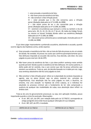 INTENSIVO II – 2015
DIREITO PROCESSUAL PENAL
Contato – melhor.material.estudo@gmail.com
I - estar provada a inexistência do fato;
II - não haver prova da existência do fato;
III - não constituir o fato infração penal;
IV – estar provado que o réu não concorreu para a infração
penal; (Redação dada pela Lei nº 11.690, de 2008)
V – não existir prova de ter o réu concorrido para a infração
penal; (Redação dada pela Lei nº 11.690, de 2008)
VI – existirem circunstâncias que excluam o crime ou isentem o réu de
pena (arts. 20, 21, 22, 23, 26 e § 1o
do art. 28, todos do Código Penal),
ou mesmo se houver fundada dúvida sobre sua existência; (Redação
dada pela Lei nº 11.690, de 2008)
VII – não existir prova suficiente para a condenação. (Incluído pela Lei nº
11.690, de 2008)
O juiz deve julgar improcedente a pretensão acusatória, absolvendo o acusado, quando
ocorrer alguma das hipóteses acima, senão vejamos:
a) Estar provada a inexistência do fato: não se trata de falta de provas ou de um estado
de dúvida. Na verdade, há provas nos autos que confirma peremptoriamente que o
fato delituoso imputado ao acusado não ocorreu. Essa decisão, vale dizer, faz coisa
julgada no juízo cível (art. 66 do CPP).
b) Não haver prova da existência do fato: o juiz deve proferir sentença neste sentido
quando persistir dúvida quanto à existência do fato delituoso. Em outras palavras, o
delito pode até ter existido, mas o juiz conclui que não há prova suficientes que
atestem sua existência. Trata-se, pois, de decisão baseada no in dubio pro reo. Logo,
essa sentença absolutória não faz coisa julgada no cível.
c) Não constituir o fato infração penal: refere-se à atipicidade da conduta imputada ao
agente, seja no plano formal, seja no plano material (ex.: princípio da
insignificância). Essa absolvição não faz coisa julgada no cível; a doutrina, no
entanto, traz uma exceção: na hipótese de crime culposo, se o indivíduo for
absolvido no processo criminal sob o fundamento de ter sido comprovada a
ausência de qualquer das modalidades da culpa, essa absolvição deve refletir no
âmbito cível.
Trata-se de uma lei genuinamente processual, ou seja, tem aplicação imediata, pouco
importando quando o crime foi praticado. Observações:
 O art. 387, §1º, do CPP, com redação dada pela Lei 12.736/12, corresponde ao
antigo parágrafo único (não houve qualquer alteração em sua redação).
 O art. 387, §2º, do CPP, é novidade.
ANTES DA LEI 12.736/12 DEPOIS DA LEI 12.736/12
 