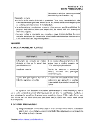 INTENSIVO II – 2015
DIREITO PROCESSUAL PENAL
Contato – melhor.material.estudo@gmail.com
não valorado pelo juiz, haveria supressão
de instância (Súmula 453 do STF).
Disposições comuns:
 A denúncia não precisa descrever as agravantes. Desse modo, caso a denúncia não
narre determinada agravante, mesmo assim ela poderá ser reconhecida pelo juízo
na sentença, sem necessidade de mutatio libelli.
 Se, após realizar a emendatio ou a mutatio, o juiz perceber que há possibilidade de
proposta de suspensão condicional do processo, ele deverá abrir vista ao MP para
oferecer a proposta.
 Se, após realizar a emendatio ou a mutatio, a nova definição jurídica do crime
acarretar a mudança da competência, o magistrado deve se declarar incompetente
e encaminhar os autos ao juízo competente.
NULIDADES
1. TIPICIDADE PROCESSUAL E NULIDADES
TIPICIDADE
DIREITO PENAL PROCESSO PENAL
Subsunção da conduta ao modelo
abstrato previsto na lei penal (tipo
penal incriminador).
O ato processual deve ser praticado de
acordo com o modelo previsto na
CF/88 e na legislação ordinária.
Função de garantia. Função de preservar a segurança
jurídica, buscando uma prestação
jurisdicional justa.
A pena tem por objetivo dissuadir o
indivíduo a praticar um delito.
O sistema de nulidades funciona como
instrumento para compelir os sujeitos
processuais à observância dos modelos
típicos.
Se o juiz não tiver o sistema de nulidades pairando sobre si como uma sanção, ele não
vai se sentir compelido a cumprir a forma prevista em lei. Uma vez reconhecida a nulidade, os
atos nulos deverão ser refeitos de acordo com o modelo previsto na CF/88 e na lei. Certo é que,
uma norma, para ter efeito imperativo, precisa ter sanção; norma sem sanção não é norma,
mas um pedido.
2. ESPÉCIES DE IRREGULARIDADES
a) Irregularidade sem consequência: apesar do ato processual não ter sido praticado de
acordo com o modelo típico, essa irregularidade não produz qualquer consequência.
Ex.: utilização de abreviaturas.
 