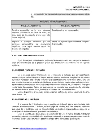 INTENSIVO II – 2015
DIREITO PROCESSUAL PENAL
Contato – melhor.material.estudo@gmail.com
IV - por omissão de formalidade que constitua elemento essencial do
ato.
NULIDADES NO PROCESSO PENAL
NULIDADES ABSOLUTAS NULIDADES RELATIVAS
Prejuízo presumido, porém sem natureza
absoluta (há inversão do ônus da prova, ou
seja, cabe ao interessado provar que não
houve prejuízo).
O prejuízo deve ser comprovado.
Arguição a qualquer momento (se for
sentença condenatória ou absolutória
imprópria, pode arguir mesmo depois do
trânsito em julgado).
Devem ser arguidas oportunamente, sob pena
de preclusão.
6. RECONHECIMENTO DAS NULIDADES
O juiz é livre para reconhecer as nulidades? Para responder a esta perguntar, devemos
levar em consideração se o processo penal está tramitando na primeira ou na segunda
instância.
6.1. PROCESSO PENAL NA 1ª INSTÂNCIA
Se o processo estiver tramitando na 1ª instância, a nulidade por ser reconhecida
mediante requerimento das partes. O juiz pode reconhecer a nulidade de ofício? Se sim, qual a
espécie de nulidade? Não é muito comum o juiz reconhecer uma nulidade de ofício, uma vez
que, por vias transversas, estaria admitindo que errou. De todo modo, o juiz pode reconhecer
de ofício tanto uma nulidade absoluta quanto uma nulidade relativa. Ao juiz interessa zelar pela
regularidade do processo. Assim, por exemplo, se ele constatar que a parte não foi intimada,
ele deve reconhecer isso de ofício, ainda que se trate de uma nulidade relativa.
Muitos dispositivos processuais penais amparam a afirmação acima, a exemplo dos arts.
251 e 423 do CPP.
6.2. PROCESSO NA 2ª INSTÂNCIA
O problema da 2ª instância é que a decisão do tribunal, agora, está limitada pelo
chamado efeito devolutivo. O tribunal, quando julga um recurso, não tem a mesma liberdade
que o juiz de 1ª instância, pois ele fica delimitado ao objeto da impugnação, ou seja, ele só
pode apreciar aquelas matérias que lhe foram devolvidas.
Sobre o assunto, vale dizer, dispõe a Súmula 160 do STF: “É nula a decisão do tribunal
que acolhe, contra o réu, nulidade não arguida no recurso da acusação, ressalvados os casos de
recurso de ofício”. Deste enunciado podemos chegar a três conclusões, quais sejam:
 