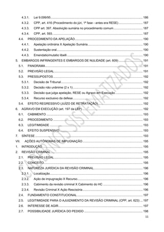 11
4.3.1. Lei 9.099/95........................................................................................................... 186
4.3.2. CPP, art. 416 (Procedimento do júri, 1ª fase - antes era RESE) ............................ 187
4.3.3. CPP art. 397. Absolvição sumária no procedimento comum.................................. 187
4.3.4. CPP, art. 593......................................................................................................... 187
4.4. PROCEDIMENTO DA APELAÇÃO............................................................................... 190
4.4.1. Apelação ordinária X Apelação Sumária................................................................ 190
4.4.2. Sustentação oral.................................................................................................... 190
4.4.3. Emendatio/mutatio libelli........................................................................................ 190
5. EMBARGOS INFRINGENTES E EMBARGOS DE NULIDADE (art. 609) ............................ 191
5.1. PANORAMA ................................................................................................................. 191
5.2. PREVISÃO LEGAL....................................................................................................... 191
5.3. PRESSUPOSTOS........................................................................................................ 192
5.3.1. Decisão de Tribunal............................................................................................... 192
5.3.2. Decisão não unânime (2 x 1) ................................................................................. 192
5.3.3. Decisão que julga apelação, RESE ou Agravo em Execução................................ 192
5.3.4. Recurso exclusivo da defesa ................................................................................. 192
5.4. EFEITO REGRESSIVO (JUÍZO DE RETRATAÇÃO).................................................... 192
6. AGRAVO EM EXECUÇÃO (art. 197 da LEP) ...................................................................... 192
6.1. CABIMENTO ................................................................................................................ 193
6.2. PROCEDIMENTO ........................................................................................................ 193
6.3. LEGITIMIDADE ............................................................................................................ 193
6.4. EFEITO SUSPENSIVO................................................................................................. 193
7. SÍNTESE ............................................................................................................................. 193
VII. AÇÕES AUTÔNOMAS DE IMPUGNAÇÃO...................................................................... 195
1. INTRODUÇÃO..................................................................................................................... 195
2. REVISÃO CRIMINAL........................................................................................................... 195
2.1. PREVISÃO LEGAL....................................................................................................... 195
2.2. CONCEITO................................................................................................................... 195
2.3. NATUREZA JURÍDICA DA REVISÃO CRIMINAL......................................................... 196
2.3.1. Localização............................................................................................................ 196
2.3.2. Ação de impugnação X Recurso............................................................................ 196
2.3.3. Cabimento da revisão criminal X Cabimento do HC .............................................. 196
2.3.4. Revisão Criminal X Ação Rescisória...................................................................... 196
2.4. FUNDAMENTO CONSTITUCIONAL ............................................................................ 197
2.5. LEGITIMIDADE PARA O AJUIZAMENTO DA REVISÃO CRIMINAL (CPP, art. 623) ... 197
2.6. INTERESSE DE AGIR.................................................................................................. 197
2.7. POSSIBILIDADE JURÍDICA DO PEDIDO .................................................................... 198
 