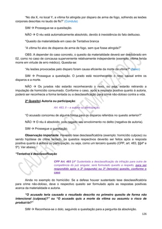 126
“No dia X, no local Y, a vítima foi atingida por disparo de arma de fogo, sofrendo as lesões
corporais descritas no laudo de fls?” (Conduta)
SIM  Prossegue-se a quesitação.
NÃO  O réu está automaticamente absolvido, devido à inexistência do fato delituoso.
*Quesito da materialidade em caso de Tentativa branca
“A vítima foi alvo de disparos de arma de fogo, sem que fosse atingida?”
OBS: A depender do caso concreto, o quesito da materialidade deverá ser desdobrado em
02, como no caso de concausa superveniente relativamente independente (exemplo: vítima ferida
morre em virtude de erro médico). Quesita-se:
“As lesões provocadas pelo disparo foram causa eficiente da morte da vítima?” (Nexo)
SIM  Prossegue a quesitação. O jurado está reconhecendo o nexo causal entre os
disparos e a morte.
NÃO  Os jurados não estarão reconhecendo o nexo, ou seja, estarão retirando a
imputação de homicídio consumado. Conforme o caso, após a resposta positiva quanto à autoria,
poderá ser reconhecia a forma tentada ou a desclassificação para crime não-doloso contra a vida.
2º Quesito) Autoria ou participação:
Art. 483, II – a autoria ou participação;
“O acusado concorreu de alguma forma para os disparos referidos no quesito anterior?”
NÃO  O réu é absolvido, pois negado seu envolvimento no delito (negativa de autoria).
SIM  Prossegue a quesitação.
Observação importante: Havendo tese desclassificatória (exemplo: homicídio culposo) ou
sendo hipótese de crime tentado, os quesitos respectivos deverão ser feitos após a resposta
positiva quanto à autoria ou participação, ou seja, como um terceiro quesito (CPP, art. 483, §§4º e
5º). Ver abaixo.
*Tentativa e desclassificação
CPP Art. 483 §4º Sustentada a desclassificação da infração para outra de
competência do juiz singular, será formulado quesito a respeito, para ser
respondido após o 2º (segundo) ou 3º (terceiro) quesito, conforme o
caso.
Ainda no exemplo do homicídio: Se a defesa houver sustentado tese desclassificatória
para crime não-doloso, deve o respectivo quesito ser formulado após as respostas positivas
acerca da materialidade e autoria.
“O acusado teria causado o resultado descrito no primeiro quesito de forma não
intencional (culposa)?” ou “O acusado quis a morte da vítima ou assumiu o risco de
produzi-la?”
SIM  Reconhece-se o dolo, seguindo a quesitação para a pergunta da absolvição.
 
