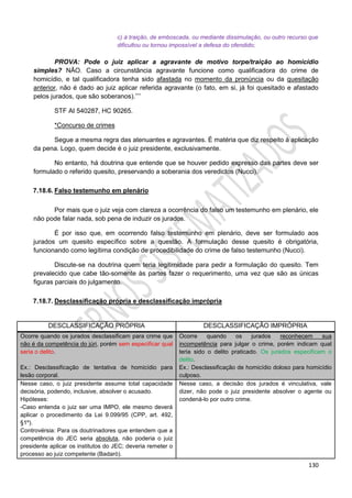 130
c) à traição, de emboscada, ou mediante dissimulação, ou outro recurso que
dificultou ou tornou impossível a defesa do ofendido;
PROVA: Pode o juiz aplicar a agravante de motivo torpe/traição ao homicídio
simples? NÃO. Caso a circunstância agravante funcione como qualificadora do crime de
homicídio, e tal qualificadora tenha sido afastada no momento da pronúncia ou da quesitação
anterior, não é dado ao juiz aplicar referida agravante (o fato, em si, já foi quesitado e afastado
pelos jurados, que são soberanos).’’’’
STF AI 540287, HC 90265.
*Concurso de crimes
Segue a mesma regra das atenuantes e agravantes. É matéria que diz respeito à aplicação
da pena. Logo, quem decide é o juiz presidente, exclusivamente.
No entanto, há doutrina que entende que se houver pedido expresso das partes deve ser
formulado o referido quesito, preservando a soberania dos veredictos (Nucci).
7.18.6. Falso testemunho em plenário
Por mais que o juiz veja com clareza a ocorrência do falso um testemunho em plenário, ele
não pode falar nada, sob pena de induzir os jurados.
É por isso que, em ocorrendo falso testemunho em plenário, deve ser formulado aos
jurados um quesito específico sobre a questão. A formulação desse quesito é obrigatória,
funcionando como legítima condição de procedibilidade do crime de falso testemunho (Nucci).
Discute-se na doutrina quem teria legitimidade para pedir a formulação do quesito. Tem
prevalecido que cabe tão-somente às partes fazer o requerimento, uma vez que são as únicas
figuras parciais do julgamento.
7.18.7. Desclassificação própria e desclassificação imprópria
DESCLASSIFICAÇÃO PRÓPRIA DESCLASSIFICAÇÃO IMPRÓPRIA
Ocorre quando os jurados desclassificam para crime que
não é da competência do júri, porém sem especificar qual
seria o delito.
Ex.: Desclassificação de tentativa de homicídio para
lesão corporal.
Ocorre quando os jurados reconhecem sua
incompetência para julgar o crime, porém indicam qual
teria sido o delito praticado. Os jurados especificam o
delito.
Ex.: Desclassificação de homicídio doloso para homicídio
culposo.
Nesse caso, o juiz presidente assume total capacidade
decisória, podendo, inclusive, absolver o acusado.
Hipóteses:
-Caso entenda o juiz ser uma IMPO, ele mesmo deverá
aplicar o procedimento da Lei 9.099/95 (CPP, art. 492,
§1º).
Controvérsia: Para os doutrinadores que entendem que a
competência do JEC seria absoluta, não poderia o juiz
presidente aplicar os institutos do JEC; deveria remeter o
processo ao juiz competente (Badaró).
Nesse caso, a decisão dos jurados é vinculativa, vale
dizer, não pode o juiz presidente absolver o agente ou
condená-lo por outro crime.
 