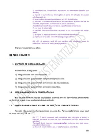 132
b) considerará as circunstâncias agravantes ou atenuantes alegadas nos
debates;
c) imporá os aumentos ou diminuições da pena, em atenção às causas
admitidas pelo júri;
d) observará as demais disposições do art. 387 deste Código;
e) mandará o acusado recolher-se ou recomendá-lo-á à prisão em que se
encontra, se presentes os requisitos da prisão preventiva;
f) estabelecerá os efeitos genéricos e específicos da condenação;
II – no caso de absolvição:
a) mandará colocar em liberdade o acusado se por outro motivo não estiver
preso;
b) revogará as medidas restritivas provisoriamente decretadas;
c) imporá, se for o caso, a medida de segurança cabível.
Art. 493. A sentença será lida em plenário pelo presidente antes de
encerrada a sessão de instrução e julgamento.
O prazo recursal começa a fluir.
III.NULIDADES
1. ESPÉCIES DE IRREGULARIDADES
Analisaremos as seguintes:
1) Irregularidades sem consequências;
2) Irregularidades que acarretam sanções extraprocessuais;
3) Irregularidades que acarretam a invalidação do ato processual;
4) Irregularidades que acarretam a inexistência jurídica.
1.1. IRREGULARIDADES SEM CONSEQUÊNCIAS
Não causam nenhum prejuízo ao processo. Exemplo: Uso de abreviaturas; oferecimento
de denúncia fora do prazo legal para indiciado solto etc.
1.2. IRREGULARIDADES QUE ACARRETAM SANÇÕES EXTRAPROCESSUAIS
Também não causam nenhum prejuízo ao processo. Ex.: Apresentação fora do prazo legal
do laudo pericial (CPP, art. 277).
Art. 277. O perito nomeado pela autoridade será obrigado a aceitar o
encargo, sob pena de multa de cem a quinhentos mil-réis, salvo escusa
atendível.
Parágrafo único. Incorrerá na mesma multa o perito que, sem justa causa,
provada imediatamente:
a) deixar de acudir à intimação ou ao chamado da autoridade;
 