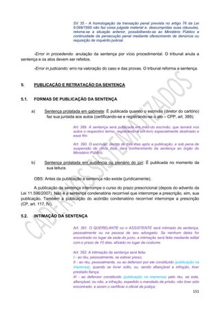 151
SV 35 - A homologação da transação penal prevista no artigo 76 da Lei
9.099/1995 não faz coisa julgada material e, descumpridas suas cláusulas,
retoma-se a situação anterior, possibilitando-se ao Ministério Público a
continuidade da persecução penal mediante oferecimento de denúncia ou
requisição de inquérito policial.
-Error in procedendo: anulação da sentença por vício procedimental. O tribunal anula a
sentença e os atos devem ser refeitos.
-Error in judicando: erro na valoração do caso e das provas. O tribunal reforma a sentença.
5. PUBLICAÇÃO E RETRATAÇÃO DA SENTENÇA
5.1. FORMAS DE PUBLICAÇÃO DA SENTENÇA
a) Sentença prolatada em gabinete: É publicada quando o escrivão (diretor do cartório)
faz sua juntada aos autos (certificando-se e registrando-se o ato – CPP, art. 389);
Art. 389. A sentença será publicada em mão do escrivão, que lavrará nos
autos o respectivo termo, registrando-a em livro especialmente destinado a
esse fim.
Art. 390. O escrivão, dentro de três dias após a publicação, e sob pena de
suspensão de cinco dias, dará conhecimento da sentença ao órgão do
Ministério Público.
b) Sentença prolatada em audiência ou plenário do júri: É publicada no momento da
sua leitura.
OBS: Antes da publicação a sentença não existe (juridicamente).
A publicação da sentença interrompe o curso do prazo prescricional (depois do advento da
Lei 11.596/2007). Não é a sentença condenatória recorrível que interrompe a prescrição, sim, sua
publicação. Também a publicação do acórdão condenatório recorrível interrompe a prescrição
(CP, art. 117, IV).
5.2. INTIMAÇÃO DA SENTENÇA
Art. 391. O QUERELANTE ou o ASSISTENTE será intimado da sentença,
pessoalmente ou na pessoa de seu advogado. Se nenhum deles for
encontrado no lugar da sede do juízo, a intimação será feita mediante edital
com o prazo de 10 dias, afixado no lugar de costume.
Art. 392. A intimação da sentença será feita:
I - ao réu, pessoalmente, se estiver preso;
II - ao réu, pessoalmente, ou ao defensor por ele constituído (publicação na
imprensa), quando se livrar solto, ou, sendo afiançável a infração, tiver
prestado fiança;
III - ao defensor constituído (publicação na imprensa) pelo réu, se este,
afiançável, ou não, a infração, expedido o mandado de prisão, não tiver sido
encontrado, e assim o certificar o oficial de justiça;
 