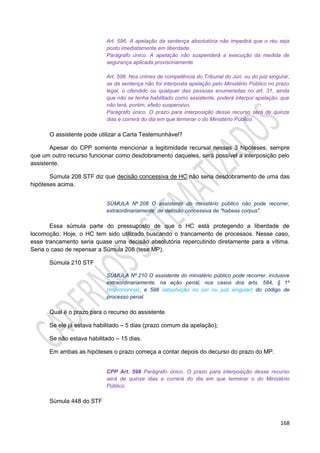 168
Art. 596. A apelação da sentença absolutória não impedirá que o réu seja
posto imediatamente em liberdade.
Parágrafo único. A apelação não suspenderá a execução da medida de
segurança aplicada provisoriamente.
Art. 598. Nos crimes de competência do Tribunal do Júri, ou do juiz singular,
se da sentença não for interposta apelação pelo Ministério Público no prazo
legal, o ofendido ou qualquer das pessoas enumeradas no art. 31, ainda
que não se tenha habilitado como assistente, poderá interpor apelação, que
não terá, porém, efeito suspensivo.
Parágrafo único. O prazo para interposição desse recurso será de quinze
dias e correrá do dia em que terminar o do Ministério Público.
O assistente pode utilizar a Carta Testemunhável?
Apesar do CPP somente mencionar a legitimidade recursal nessas 3 hipóteses, sempre
que um outro recurso funcionar como desdobramento daqueles, será possível a interposição pelo
assistente.
Súmula 208 STF diz que decisão concessiva de HC não seria desdobramento de uma das
hipóteses acima.
SÚMULA Nº 208 O assistente do ministério público não pode recorrer,
extraordinariamente, de decisão concessiva de "habeas corpus".
Essa súmula parte do pressuposto de que o HC está protegendo a liberdade de
locomoção. Hoje, o HC tem sido utilizado buscando o trancamento de processos. Nesse caso,
esse trancamento seria quase uma decisão absolutória repercutindo diretamente para a vítima.
Seria o caso de repensar a Súmula 208 (tese MP).
Súmula 210 STF
SÚMULA Nº 210 O assistente do ministério público pode recorrer, inclusive
extraordinariamente, na ação penal, nos casos dos arts. 584, § 1º
(impronúncia), e 598 (absolvição no júri ou juiz singular) do código de
processo penal.
Qual é o prazo para o recurso do assistente.
Se ele já estava habilitado – 5 dias (prazo comum da apelação);
Se não estava habilitado – 15 dias.
Em ambas as hipóteses o prazo começa a contar depois do decurso do prazo do MP.
CPP Art. 598 Parágrafo único. O prazo para interposição desse recurso
será de quinze dias e correrá do dia em que terminar o do Ministério
Público.
Súmula 448 do STF
 