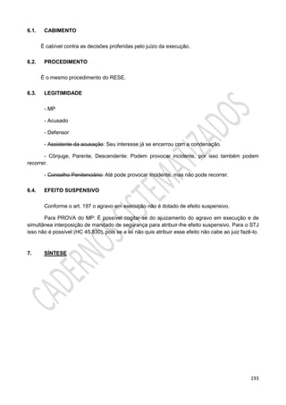193
6.1. CABIMENTO
É cabível contra as decisões proferidas pelo juízo da execução.
6.2. PROCEDIMENTO
É o mesmo procedimento do RESE.
6.3. LEGITIMIDADE
- MP
- Acusado
- Defensor
- Assistente da acusação: Seu interesse já se encerrou com a condenação.
- Cônjuge, Parente, Descendente: Podem provocar incidente, por isso também podem
recorrer.
- Conselho Penitenciário: Até pode provocar incidente, mas não pode recorrer.
6.4. EFEITO SUSPENSIVO
Conforme o art. 197 o agravo em execução não é dotado de efeito suspensivo.
Para PROVA do MP: É possível cogitar-se do ajuizamento do agravo em execução e de
simultânea interposição de mandado de segurança para atribuir-lhe efeito suspensivo. Para o STJ
isso não é possível (HC 45.830), pois se a lei não quis atribuir esse efeito não cabe ao juiz fazê-lo.
7. SÍNTESE
 