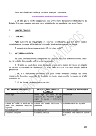202
Salvo a confissão decorrente de tortura ou ameaças, obviamente.
b) se a acusação houver sido meramente privada.
O art. 630, §2º, ‘b’ não foi recepcionado pela CF/88, diante da responsabilidade objetiva do
Estado. Ora, quem condena e comete o erro judiciário não é o querelante, mas sim o Estado.
3. HABEAS CORPUS
3.1. CONCEITO
Ação autônoma de impugnação, de natureza constitucional, que tem como objetivo
restabelecer ou preservar a liberdade de locomoção ilegalmente ameaçada ou violada.
O procedimento de processamento do HC é previsto no CPP.
3.2. NATUREZA JURÍDICA
Tal como a revisão criminal, está previsto no Título dos Recursos de forma incorreta. Trata-
se, na verdade, de uma ação autônoma de impugnação.
O HC pode ser usado tanto antes da relação jurídica como depois do trânsito em julgado
da decisão condenatória ou absolutória. Por meio dele se forma uma nova relação jurídica
processual.
O HC é o instrumento processual, que pode conter diferentes pedidos, tais como
relaxamento de prisão, concessão de liberdade provisória, salvo-conduto, revogação de prisão
preventiva etc.
O HC é a ‘forma’; os pedidos são o ‘recheio’.
RELAXAMENTO DA PRISÃO REVOGAÇÃO DA PRISÃO
CAUTELAR
LIBERDADE PROVISÓRIA
Prisão ilegal Prisão legal que deixa de ser
necessária. Ex.: Preventiva revogada
depois de ouvida a testemunha
ameaçada.
Prisão legal
Cabível em todas as espécies de
prisão (civil, preventiva, temporária,
flagrante).
Cabível em prisão temporária e
preventiva.
Cabível somente em flagrante.
Liberdade plena* Liberdade plena* Liberdade vinculada
Concedida pelo juiz** Concedida pelo Juiz Concedida pela autoridade policial e
juiz
 