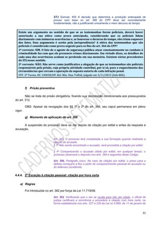 31
STJ Súmula: 455 A decisão que determina a produção antecipada de
provas com base no art. 366 do CPP deve ser concretamente
fundamentada, não a justificando unicamente o mero decurso do tempo.
f) Prisão preventiva
Não se trata de prisão obrigatória, ficando sua decretação condicionada aos pressupostos
do art. 312.
OBS: Apesar da revogação dos §§ 1º e 2º do art. 366, seu caput permanece em pleno
vigor.
g) Momento de aplicação do art. 366
A suspensão do processo deve se dar depois da citação por edital e antes da resposta à
acusação.
Art. 363. O processo terá completada a sua formação quando realizada a
citação do acusado.
§ 1o Não sendo encontrado o acusado, será procedida a citação por edital.
...
§ 4º Comparecendo o acusado citado por edital, em qualquer tempo, o
processo observará o disposto nos arts. 394 e seguintes deste Código.
Art. 396, Parágrafo único. No caso de citação por edital, o prazo para a
defesa começará a fluir a partir do comparecimento pessoal do acusado ou
do defensor constituído.
4.4.4. 2ª Exceção à citação pessoal: citação por hora certa
a) Regras
Foi introduzida no art. 362 por força da Lei 11.719/08.
Art. 362. Verificando que o réu se oculta para não ser citado, o oficial de
justiça certificará a ocorrência e procederá à citação com hora certa, na
forma estabelecida nos arts. 227 a 229 da Lei no 5.869, de 11 de janeiro de
 