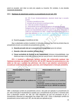 39
penal ao acusado, sem dizer se seria ele culpado ou inocente. Em verdade, é uma decisão
meramente declaratória.
4.8.3. Hipóteses de absolvição sumária no procedimento do júri (art. 415)
Art. 415. O juiz, fundamentadamente, absolverá desde logo o acusado,
quando:
I – provada a inexistência do fato;
II – provado não ser ele autor ou partícipe do fato;
III – o fato não constituir infração penal;
IV – demonstrada causa de isenção de pena ou de exclusão do crime.
Parágrafo único. Não se aplica o disposto no inciso IV do caput deste artigo
ao caso de inimputabilidade prevista no caput do art. 26 do Decreto-Lei no
2.848, de 7 de dezembro de 1940 – Código Penal, salvo quando esta for a
única tese defensiva (ou seja: só se aplica o IV quando a inimputabilidade
for a única tese defensiva, absolvendo – impropriamente – desde já o
inimputável).
a) Quando provada a inexistência do fato
Aqui a absolvição sumária é posterior à instrução processual (ao final da primeira fase do
procedimento do júri), ao contrário do procedimento comum.
b) Quando provado não ser o acusado autor ou partícipe (juízo de certeza)
c) Quando o fato não constituir infração penal
d) Causa excludente da ilicitude ou da culpabilidade (inclusive inimputabilidade, mas
desde que seja a única tese defensiva, isso por que já houve o devido processo legal)
STJ: é incabível a absolvição sumária quando não evidenciada qualquer das
hipóteses previstas nos incisos I a IV do art. 397 do CPP. Quando há controvérsia se o réu
sabia ou não que o produto era criminoso, não deve o juiz absolver sumariamente o
acusado por ausência de dolo, já que, para isso, será indispensável a instrução probatória.
PROCEDIMENTO COMUM PROCEDIMENTO DO JÚRI
-Oferecimento
-Recebimento
-Citação
-Resposta à acusação
-Oitiva do MP
-Absolvição sumária (ANTES da audiência de
instrução)
-Oferecimento
-Recebimento
-Citação
-Resposta à acusação
-Oitiva MP
-Primeira fase do procedimento do júri (audiência
de instrução)
-Absolvição sumária ao final da primeira fase
do procedimento do júri, DEPOIS da audiência
de instrução.
OBS: a absolvição sumária do procedimento comum, não pode ser aplicada no procedimento do
júri, esta construção é insustentável no sentido que o procedimento do júri já tem o momento certo
para a absolvição sumária. Art. 394, §3º. Este dispositivo diz que nos processos do júri, o
procedimento observará as disposições dos artigos 406 a 497. Como a absolvição sumária do
procedimento comum está no art. 397, ela não deve ser aplicada ao júri.
 