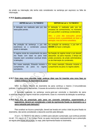 70
de prisão ou internação não tenha sido considerado na sentença por equívoco ou falta de
informação.
4.16.6. Quadro comparativo
ANTES da Lei n. 12.736/2012 DEPOIS da Lei n. 12.736/2012
A detração era realizada pelo juiz das
execuções penais.
A detração é realizada pelo juiz do
processo de conhecimento, no momento
em que proferir a sentença condenatória.
Obs.: o juízo das execuções penais
continua tendo a possibilidade de fazer a
detração, mas de forma subsidiária.
Na prolação da sentença, o juiz não
examinava se o condenado possuía
direito à detração.
Na prolação da sentença, o juiz tem o
DEVER de fazer a detração.
O regime inicial de cumprimento da pena
era fixado com base na pena total
imposta (sem considerar eventual direito
à detração).
Na fixação do regime inicial o juiz deverá
descontar, da pena imposta, o tempo de
prisão provisória, de prisão administrativa
ou de internação do condenado.
Em nosso exemplo, Eduardo iniciaria o
cumprimento da pena no regime
semiaberto.
Em nosso exemplo, Eduardo iniciaria o
cumprimento da pena no regime aberto.
4.16.7. Com essa nova previsão legal, pode-se dizer que foi inserida uma nova fase no
critério trifásico de dosimetria da pena?
NÃO. O critério trifásico de dosimetria da pena continua o mesmo (1-circunstâncias
judiciais; 2-agravantes e atenuantes; 3-causas de aumento e de diminuição).
A detração realizada na sentença ocorre após ser concluída a dosimetria da pena
e antes da fixação do regime inicial de cumprimento. Esse é o momento da detração na sentença.
4.16.8. Para fins de prescrição pela pena em concreto (retroativa, superveniente e
executória), deverá ser considerado o total da reprimenda fixada na dosimetria ou a
pena reduzida pela detração?
Para analisar se houve a prescrição, deverá ser levado em conta o total da pena fixada na
dosimetria, não sendo considerado o desconto ocorrido pela detração.
A Lei n. 12.736/2012 não alterou o critério para calcular a prescrição, que continua previsto
no art. 110, caput e § 1º do Código Penal, os quais mencionam expressamente que a prescrição
se regula pela PENA APLICADA, ou seja, pela reprimenda fixada na dosimetria.
 
