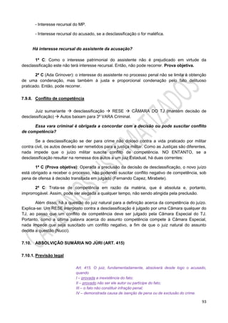93
- Interesse recursal do MP.
- Interesse recursal do acusado, se a desclassificação o for maléfica.
Há interesse recursal do assistente da acusação?
1ª C: Como o interesse patrimonial do assistente não é prejudicado em virtude da
desclassificação este não terá interesse recursal. Então, não pode recorrer. Prova objetiva.
2ª C (Ada Grinover): o interesse do assistente no processo penal não se limita à obtenção
de uma condenação, mas também à justa e proporcional condenação pelo fato delituoso
praticado. Então, pode recorrer.
7.9.8. Conflito de competência
Juiz sumariante  desclassificação  RESE  CÂMARA DO TJ (mantém decisão de
desclassificação)  Autos baixam para 3º VARA Criminal.
Essa vara criminal é obrigada a concordar com a decisão ou pode suscitar conflito
de competência?
Se a desclassificação se der para crime não doloso contra a vida praticado por militar
contra civil, os autos deverão ser remetidos para a justiça militar. Como as Justiças são diferentes,
nada impede que o juízo militar suscite conflito de competência. NO ENTANTO, se a
desclassificação resultar na remessa dos autos a um juiz Estadual, há duas correntes:
1ª C (Prova objetiva): Operada a preclusão da decisão de desclassificação, o novo juízo
está obrigado a receber o processo, não podendo suscitar conflito negativo de competência, sob
pena de ofensa à decisão transitada em julgado (Fernando Capez, Mirabete).
2ª C: Trata-se de competência em razão da matéria, que é absoluta e, portanto,
improrrogável. Assim, pode ser alegada a qualquer tempo, não sendo atingida pela preclusão.
Além disso, há a questão do juiz natural para a definição acerca da competência do juízo.
Explica-se: Um RESE interposto contra a desclassificação é julgado por uma Câmara qualquer do
TJ, ao passo que um conflito de competência deve ser julgado pela Câmara Especial do TJ.
Portanto, como a última palavra acerca do assunto competência compete à Câmara Especial,
nada impede que seja suscitado um conflito negativo, a fim de que o juiz natural do assunto
decida a questão (Nucci).
7.10. ABSOLVIÇÃO SUMÁRIA NO JÚRI (ART. 415)
7.10.1. Previsão legal
Art. 415. O juiz, fundamentadamente, absolverá desde logo o acusado,
quando
I – provada a inexistência do fato;
II – provado não ser ele autor ou partícipe do fato;
III – o fato não constituir infração penal;
IV – demonstrada causa de isenção de pena ou de exclusão do crime.
 