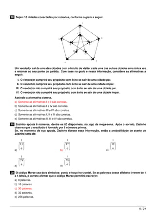18 Sejam 10 cidades conectadas por rodovias, conforme o grafo a seguir.

Um vendedor sai de uma das cidades com o intuito de visitar cada uma das outras cidades uma única vez
e retornar ao seu ponto de partida. Com base no grafo e nessa informação, considere as aﬁrmativas a
seguir.
I. O vendedor cumprirá seu propósito com êxito se sair de uma cidade par.
II. O vendedor cumprirá seu propósito com êxito se sair de uma cidade ímpar.
III. O vendedor não cumprirá seu propósito com êxito se sair de uma cidade par.
IV. O vendedor não cumprirá seu propósito com êxito se sair de uma cidade ímpar.
Assinale a alternativa correta.
a) Somente as aﬁrmativas I e II são corretas.
b) Somente as aﬁrmativas I e IV são corretas.
c) Somente as aﬁrmativas III e IV são corretas.
d) Somente as aﬁrmativas I, II e III são corretas.
e) Somente as aﬁrmativas II, III e IV são corretas.
19 Zezinho aposta 6 números, dentre os 60 disponíveis, no jogo da mega-sena. Após o sorteio, Zezinho
observa que o resultado é formado por 6 números primos.
Se, no momento de sua aposta, Zezinho tivesse essa informação, então a probabilidade de acerto de
Zezinho seria de:

a)

b)

d)

c)

e)

20 O código Morse usa dois símbolos: ponto e traço horizontal. Se as palavras desse alfabeto tiverem de 1
a 4 letras, é correto aﬁrmar que o código Morse permitirá escrever:
a) 8 palavras.
b) 16 palavras.
c) 30 palavras.
d) 32 palavras.
e) 256 palavras.

6 / 24

 