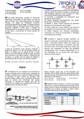 a) 29,9 toneladas.
c) 32,4 toneladas.
e) 41,8 toneladas.

b) 31,1 toneladas.
d) 35,3 toneladas.

20 Um balão atmosférico, lançado em Bauru(343
quilômetros a Noroeste de São Paulo), na noite do
último domingo, caiu nesta segunda-feira em Cuiabá
Paulista, na região de Presidente Prudente,
assustando agricultores da região. O artefato faz parte
do Projeto Hibiscus, desenvolvido por Brasil, França,
Argentina, Inglaterra e Itália, para a medição do
comportamento da camada de ozônio, e sua descida
se deu após o cumprimento do tempo previsto de
medição.
Disponível em: http://www.correiodobrasil.com.br. Acesso em: 02 maio 2010.

Aumentar a eficiência dos processos de conversão de
energia implica Economizar recursos e combustíveis.
Das propostas seguintes, qual resultará em maior
aumento da eficiência geral do processo?
A) Aumentar a quantidade de combustível para
queima na usina de força.
B) Utilizar lâmpadas incandescentes, que geram
pouco calor e muita luminosidade.
C) Manter o menor número possível de aparelhos
elétricos em funcionamento nas moradias.
D) Utilizar cabos com menor diâmetro nas linhas de
transmissão a fim de economizar o material condutor.
E) Utilizar materiais com melhores propriedades
condutoras nas linhas de transmissão e lâmpadas
fluorescentes nas moradia.

22

N
a data do acontecido, duas pessoas avistaram o
balão.Uma estava a 1,8 km da posição vertical do
balão e o avistou sob um ângulo de 60° a outra
;
estava a 5,5 kmda posição vertical do balão, alinhada
com a primeira, e no mesmo sentido , conforme se vê
na figura, e o avistou sob um ângulo de 30ºQual a
altura aproximada em que se encontrava o balão?

Considere a seguinte situação hipotética: ao
preparar o palco para a apresentação de uma peça de
teatro, o iluminador deveria colocar três atores sob
luzes que tinham igual brilho, e os demais, sob luzes
de menor brilho. O iluminador determinou, então, aos
técnicos, que instalassem no palco oito lâmpadas
incandescentes com a mesma especificação (L1 a
L8), interligadas em um circuito com uma bateria,
conforme mostra a figura.

a)1,8 km b) 1,9 km c) 3,1 km d) 3,7 km e) 5,5 km

FÍSICA
21 A eficiência de um processo de conversão de
energia é definida como a razão entre a produção de
energia ou trabalho útil e o total de entrada de energia
no processo. A figura mostra um processo com
diversas etapas. Nesse caso, a eficiência geral será
igual ao produto das eficiências das etapas
individuais. A entrada de energia que não se
transforma em trabalho útil é perdida sob formas não
utilizáveis (como resíduos de calor).

Nessa situação, quais são as três lâmpadas que
acendem com o mesmo brilho por apresentarem igual
valor de corrente fluindo nelas, sob as quais devem se
posicionar os três atores?
a) L1, L2 e L3.
b) L2, L3 e L4.
c) L2, L5 e L7.
d) L4, L5 e L6.
e) L4, L7 e L8.

23 (ENEM) Podemos estimar o consumo de energia
elétrica de uma casa considerando as principais fontes
desse consumo. Pense na situação em que apenas os
aparelhos que constam da tabela a seguir fossem
utilizados diariamente da mesma forma.
Aparelho

Potência(kw)

Ar-condicionado
Chuveiro elétrico
Freezer
Geladeira
Lâmpada

1,5
3,3
0,2
0,35
0,1

Tempo de uso
diário(horas)
8
1/3
10
10
6

 