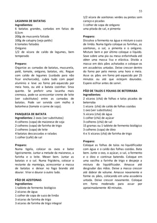 53
LASANHA DE BATATAS
Ingredientes:
6 batatas grandes, cortadas em fatias de
0,5cm
200g de mussarela fatiada
100g de catupiry (veja patês)
6 tomates fatiados
Orégano
1/2 de xícara de caldo de legumes, bem
temperado
Preparo:
Organize as camadas de batatas, mussarela,
patê, tomate, orégano, batatas, etc. Regue
com caldo de legumes (cuidado para não
ficar encharcado), cubra tudo com papel
alumínio e leve ao forno pré-aquecido por
meia hora, ou até a batata cozinhar. Sirva
quente. Se preferir uma lasanha mais
cremosa, pode-se acrescentar creme de leite
(ver substitutos) entre as camadas de
batatas. Pode ser servida com molho à
bolonhesa (tomate e carne de soja).
PANQUECA DE BATATA
Ingredientes: 2 ovos (ver substitutos)
4 colheres (sopa) de maionese de soja
2 colheres (sopa) de farinha de trigo
2 colheres (sopa) de leite
4 batatas descascadas e raladas
1 colher (café) de sal
Preparo:
Numa tigela, colocar os ovos e bater
ligeiramente. Juntar a metade da maionese, a
farinha e o leite. Mexer bem. Juntar as
batatas e o sal. Numa frigideira, colocar o
restante da manteiga, acrescentar a massa
de batatas e deixar no fogo brando até
dourar. Virar e dourar o outro lado.
PÃO DE AZEITONAS
Ingredientes:
1 tablete de fermento biológico
2 xícaras de água
1 colher de sopa de suco de limão
3 xícaras de farinha de trigo
3 xícaras de farinha de trigo integral
1/2 xícara de azeitonas verdes ou pretas sem
caroço e picadas
1 colher de sopa de orégano
uma pitada de sal, e pimenta
Preparo:
Dissolva o fermento na água e misture o suco
de limão. Numa tigela coloque as farinhas, as
azeitonas, o sal, a pimenta e o orégano.
Misture bem e por último coloque o líquido.
Sove sobre uma pia ou mesa enfarinhada até
obter uma massa lisa e elástica. Divida a
massa em dois pães achatados e coloque-os
em assadeiras untadas. Deixe crescer dentro
do forno por pelo menos uma hora e meia.
Asse os pães em forno pré-aquecido por 25
minutos ou até que estejam dourados.
Espere esfriar antes de servir.
PÃO DE TALOS E FOLHAS DE BETERRABA
Ingredientes:
2 xícaras (chá) de folhas e talos picados de
beterraba
1 xícara (chá) de caldo de folhas cozidas
1 ovo (ver substitutos)
½ xícara (chá) de água
1 colher (chá) de açúcar
3 colheres (chá) de sal
15 gramas ou 1 tablete de fermento biológico
3 colheres (sopa) de óleo
4 e ½ xícaras (chá) de farinha de trigo
Preparo:
Coloque as folhas de talos no liquidificador
com água e o caldo das folhas cozidas. Bata
bem. Junte o ovo, o açúcar, o sal, o fermento
e o óleo e continue batendo. Coloque em
uma vasilha a farinha de trigo e despeje a
mistura do liquidificador. Amasse até
desgrudar das mãos. Deixe a massa crescer
até dobrar de volume. Amasse novamente e
forme os pães, colocando em uma assadeira
untada. Deixe crescer novamente. Coloque
em forno moderado para assar por
aproximadamente 40 minutos.
 