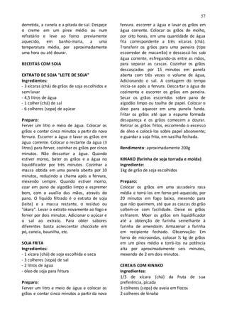 57
derretida, a canela e a pitada de sal. Despeje
o creme em um pirex médio ou num
refratário e leve ao forno previamente
aquecido, em banho-maria, a uma
temperatura média, por aproximadamente
uma hora ou até dourar.
RECEITAS COM SOJA
EXTRATO DE SOJA "LEITE DE SOJA"
Ingredientes:
- 3 xícaras (chá) de grãos de soja escolhidos e
sem lavar
- 4,5 litros de água
- 1 colher (chá) de sal
- 6 colheres (sopa) de açúcar
Preparo:
Ferver um litro e meio de água. Colocar os
grãos e contar cinco minutos a partir da nova
fervura. Escorrer a água e lavar os grãos em
água corrente. Colocar o restante da água (3
litros) para ferver, cozinhar os grãos por cinco
minutos. Não descartar a água. Quando
estiver morno, bater os grãos e a água no
liquidificador por três minutos. Cozinhar a
massa obtida em uma panela aberta por 10
minutos, reduzindo a chama após a fervura,
mexendo sempre. Quando estiver morno,
coar em pano de algodão limpo e espremer
bem, com o auxílio das mãos, através do
pano. O líquido filtrado é o extrato de soja
(leite) e a massa restante, o resíduo ou
"okara". Levar o extrato novamente ao fogo e
ferver por dois minutos. Adicionar o açúcar e
o sal ao extrato. Para obter sabores
diferentes basta acrescentar chocolate em
pó, canela, baunilha, etc.
SOJA FRITA
Ingredientes:
- 1 xícara (chá) de soja escolhida e seca
- 3 colheres (sopa) de sal
- 2 litros de água
- óleo de soja para fritura
Preparo:
Ferver um litro e meio de água e colocar os
grãos e contar cinco minutos a partir da nova
fervura. escorrer a água e lavar os grãos em
água corrente. Colocar os grãos de molho,
por oito horas, em uma quantidade de água
fria correspondente a três xícaras (chá).
Transferir os grãos para uma peneira (tipo
escorredor de macarrão) e descascá-los sob
água corrente, esfregando-os entre as mãos,
para separar as cascas. Cozinhar os grãos
descascados por 15 minutos em panela
aberta com três vezes o volume de água,
Adicionando o sal. A contagem do tempo
inicia-se após a fervura. Descartar a água do
cozimento e escorrer os grãos em peneira.
Secar os grãos escorridos sobre pano de
algodão limpo ou toalha de papel. Colocar o
óleo para aquecer em uma panela funda.
Fritar os grãos até que a espuma formada
desapareça e os grãos comecem a dourar.
Retirar os grãos fritos, escorrendo o excesso
de óleo e colocá-los sobre papel absorvente;
e guardar a soja frita, em vasilha fechada.
Rendimento: aproximadamente 200g
KINAKO (farinha de soja torrada e moída)
Ingrediente:
1kg de grão de soja escolhidos
Preparo:
Colocar os grãos em uma assadeira rasa
média e torrá-los em forno pré-aquecido, por
20 minutos em fogo baixo, mexendo para
que não queimem, até que as cascas do grão
soltem-se com facilidade. Deixe os grãos
esfriarem. Moer os grãos em liquidificador
até a obtenção de farinha semelhante à
farinha de amendoim. Armazenar a farinha
em recipiente fechado. Observação: Em
forno de microondas, colocar ½ kg de grãos
em um pirex médio e torrá-los na potência
alta por aproximadamente seis minutos,
mexendo de 2 em dois minutos.
CEREAIS COM KINAKO
Ingredientes:
1/3 de xícara (chá) da fruta de sua
preferência, picada
3 colheres (sopa) de aveia em flocos
2 colheres de kinako
 