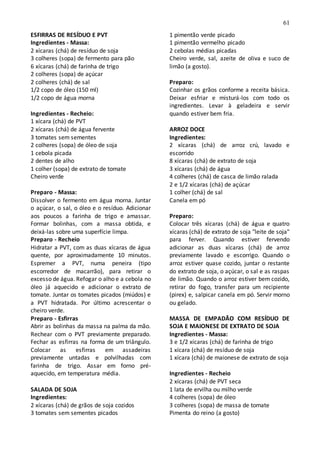 61
ESFIRRAS DE RESÍDUO E PVT
Ingredientes - Massa:
2 xícaras (chá) de resíduo de soja
3 colheres (sopa) de fermento para pão
6 xícaras (chá) de farinha de trigo
2 colheres (sopa) de açúcar
2 colheres (chá) de sal
1/2 copo de óleo (150 ml)
1/2 copo de água morna
Ingredientes - Recheio:
1 xícara (chá) de PVT
2 xícaras (chá) de água fervente
3 tomates sem sementes
2 colheres (sopa) de óleo de soja
1 cebola picada
2 dentes de alho
1 colher (sopa) de extrato de tomate
Cheiro verde
Preparo - Massa:
Dissolver o fermento em água morna. Juntar
o açúcar, o sal, o óleo e o resíduo. Adicionar
aos poucos a farinha de trigo e amassar.
Formar bolinhas, com a massa obtida, e
deixá-las sobre uma superfície limpa.
Preparo - Recheio
Hidratar a PVT, com as duas xícaras de água
quente, por aproximadamente 10 minutos.
Espremer a PVT, numa peneira (tipo
escorredor de macarrão), para retirar o
excesso de água. Refogar o alho e a cebola no
óleo já aquecido e adicionar o extrato de
tomate. Juntar os tomates picados (miúdos) e
a PVT hidratada. Por último acrescentar o
cheiro verde.
Preparo - Esfirras
Abrir as bolinhas da massa na palma da mão.
Rechear com o PVT previamente preparado.
Fechar as esfirras na forma de um triângulo.
Colocar as esfirras em assadeiras
previamente untadas e polvilhadas com
farinha de trigo. Assar em forno pré-
aquecido, em temperatura média.
SALADA DE SOJA
Ingredientes:
2 xícaras (chá) de grãos de soja cozidos
3 tomates sem sementes picados
1 pimentão verde picado
1 pimentão vermelho picado
2 cebolas médias picadas
Cheiro verde, sal, azeite de oliva e suco de
limão (a gosto).
Preparo:
Cozinhar os grãos conforme a receita básica.
Deixar esfriar e misturá-los com todo os
ingredientes. Levar à geladeira e servir
quando estiver bem fria.
ARROZ DOCE
Ingredientes:
2 xícaras (chá) de arroz crú, lavado e
escorrido
8 xícaras (chá) de extrato de soja
3 xícaras (chá) de água
4 colheres (chá) de casca de limão ralada
2 e 1/2 xícaras (chá) de açúcar
1 colher (chá) de sal
Canela em pó
Preparo:
Colocar três xícaras (chá) de água e quatro
xícaras (chá) de extrato de soja "leite de soja"
para ferver. Quando estiver fervendo
adicionar as duas xícaras (chá) de arroz
previamente lavado e escorrigo. Quando o
arroz estiver quase cozido, juntar o restante
do extrato de soja, o açúcar, o sal e as raspas
de limão. Quando o arroz estiver bem cozido,
retirar do fogo, transfer para um recipiente
(pirex) e, salpicar canela em pó. Servir morno
ou gelado.
MASSA DE EMPADÃO COM RESÍDUO DE
SOJA E MAIONESE DE EXTRATO DE SOJA
Ingredientes - Massa:
3 e 1/2 xícaras (chá) de farinha de trigo
1 xícara (chá) de resíduo de soja
1 xícara (chá) de maionese de extrato de soja
Ingredientes - Recheio
2 xícaras (chá) de PVT seca
1 lata de ervilha ou milho verde
4 colheres (sopa) de óleo
3 colheres (sopa) de massa de tomate
Pimenta do reino (a gosto)
 