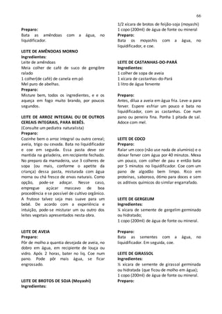66
Preparo:
Bata as amêndoas com a água, no
liquidificador.
LEITE DE AMÊNDOAS MORNO
Ingredientes:
Leite de amêndoas
Meia colher de café de suco de gengibre
ralado
1 colher(de café) de canela em pó
Mel puro de abelhas.
Preparo:
Misture bem, todos os ingredientes, e e os
aqueça em fogo muito brando, por poucos
segundos.
LEITE DE ARROZ INTEGRAL OU DE OUTROS
CEREAIS INTEGRAIS, PARA BEBÊS.
(Consulte um pediatra naturalista)
Preparo:
Cozinhe bem o arroz integral ou outro cereal;
aveia, trigo ou cevada. Bata no liquidificador
e coe em seguida. Essa pasta deve ser
mantida na geladeira, em recipiente fechado.
No preparo da mamadeira, use 3 colheres de
sopa (ou mais, conforme o apetite da
criança) dessa pasta, misturada com água
morna ou chá fresco de ervas naturais. Como
opção, pode-se adoçar. Nesse caso,
empregue açúcar mascavo de boa
procedência e se possível de cultivo orgânico.
A frutose talvez seja mas suave para um
bebê. De acordo com a experiência e
intuição, pode-se misturar um ou outro dos
leites vegetais apresentados nesta obra.
LEITE DE AVEIA
Preparo:
Pôr de molho a quantia desejada de aveia, no
dobro em água, em recipiente de louça ou
vidro. Após 2 horas, bater no liq. Coe num
pano. Pode pôr mais água, se ficar
engrossado.
LEITE DE BROTOS DE SOJA (Moyashi)
Ingredientes:
1/2 xícara de brotos de feijão-soja (moyashi)
1 copo (200ml) de água de fonte ou mineral
Preparo:
Bata os moyashis com a água, no
liquidificador, e coe.
LEITE DE CASTANHAS-DO-PARÁ
Ingredientes:
1 colher de sopa de aveia
1 xícara de castanhas-do-Pará
1 litro de água fervente
Preparo:
Antes, dilua a aveia em água fria. Leve-a para
ferver. Espere esfriar um pouco e bata no
liquidificador, com as castanhas. Coe num
pano ou peneira fina. Ponha 1 pitada de sal.
Adoce com mel.
LEITE DE COCO
Preparo:
Ralar um coco (não use nada de alumínio) e o
deixar ferver com água por 40 minutos. Mexa
um pouco, com colher de pau e então bata
por 5 minutos no liquidificador. Coe com um
pano de algodão bem limpo. Rico em
proteínas, saboroso, ótimo para doces e sem
os aditivos químicos do similar engarrafado.
LEITE DE GERGELIM
Ingredientes:
¼ xícara de semente de gergelim germinado
ou hidratado;
1 copo (200ml) de água de fonte ou mineral.
Preparo:
Bata as sementes com a água, no
liquidificador. Em seguida, coe.
LEITE DE GIRASSOL
Ingredientes:
½ xícara de semente de girassol germinada
ou hidratada (que ficou de molho em água);
1 copo (200ml) de água de fonte ou mineral.
Preparo:
 