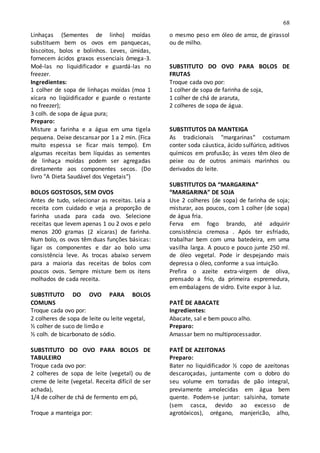 68
Linhaças (Sementes de linho) moídas
substituem bem os ovos em panquecas,
biscoitos, bolos e bolinhos. Leves, úmidas,
fornecem ácidos graxos essenciais ômega-3.
Moê-las no liquidificador e guardá-las no
freezer.
Ingredientes:
1 colher de sopa de linhaças moídas (moa 1
xícara no liqüidificador e guarde o restante
no freezer);
3 colh. de sopa de água pura;
Preparo:
Misture a farinha e a água em uma tigela
pequena. Deixe descansar por 1 a 2 min. (Fica
muito espessa se ficar mais tempo). Em
algumas receitas bem líquidas as sementes
de linhaça moídas podem ser agregadas
diretamente aos componentes secos. (Do
livro "A Dieta Saudável dos Vegetais")
BOLOS GOSTOSOS, SEM OVOS
Antes de tudo, selecionar as receitas. Leia a
receita com cuidado e veja a proporção de
farinha usada para cada ovo. Selecione
receitas que levem apenas 1 ou 2 ovos e pelo
menos 200 gramas (2 xícaras) de farinha.
Num bolo, os ovos têm duas funções básicas:
ligar os componentes e dar ao bolo uma
consistência leve. As trocas abaixo servem
para a maioria das receitas de bolos com
poucos ovos. Sempre misture bem os itens
molhados de cada receita.
SUBSTITUTO DO OVO PARA BOLOS
COMUNS
Troque cada ovo por:
2 colheres de sopa de leite ou leite vegetal,
½ colher de suco de limão e
½ colh. de bicarbonato de sódio.
SUBSTITUTO DO OVO PARA BOLOS DE
TABULEIRO
Troque cada ovo por:
2 colheres de sopa de leite (vegetal) ou de
creme de leite (vegetal. Receita dífícil de ser
achada),
1/4 de colher de chá de fermento em pó,
Troque a manteiga por:
o mesmo peso em óleo de arroz, de girassol
ou de milho.
SUBSTITUTO DO OVO PARA BOLOS DE
FRUTAS
Troque cada ovo por:
1 colher de sopa de farinha de soja,
1 colher de chá de araruta,
2 colheres de sopa de água.
SUBSTITUTOS DA MANTEIGA
As tradicionais "margarinas" costumam
conter soda cáustica, ácido sulfúrico, aditivos
químicos em profusão; às vezes têm óleo de
peixe ou de outros animais marinhos ou
derivados do leite.
SUBSTITUTOS DA “MARGARINA”
“MARGARINA” DE SOJA
Use 2 colheres (de sopa) de farinha de soja;
misturar, aos poucos, com 1 colher (de sopa)
de água fria.
Ferva em fogo brando, até adquirir
consistência cremosa . Após ter esfriado,
trabalhar bem com uma batedeira, em uma
vasilha larga. A pouco e pouco junte 250 ml.
de óleo vegetal. Pode ir despejando mais
depressa o óleo, conforme a sua intuição.
Prefira o azeite extra-virgem de oliva,
prensado a frio, da primeira espremedura,
em embalagens de vidro. Evite expor à luz.
PATÊ DE ABACATE
Ingredientes:
Abacate, sal e bem pouco alho.
Preparo:
Amassar bem no multiprocessador.
PATÊ DE AZEITONAS
Preparo:
Bater no liquidificador ½ copo de azeitonas
descaroçadas, juntamente com o dobro do
seu volume em torradas de pão integral,
previamente amolecidas em água bem
quente. Podem-se juntar: salsinha, tomate
(sem casca, devido ao excesso de
agrotóxicos), orégano, manjericão, alho,
 