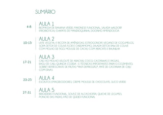 SUMÁRIO
4-8
AULA 1
BIOMASSA DE BANANA VERDE, MAIONESE FUNCIONAL, SALADA WALDORF
(PROBIÓTICA), CHAPATIS DE MANDIOQUINHA, DOCINHO AMENDOLÍCIA
AULA 2
LEITE VEGETAL E RICOTA DE AMÊNDOAS, ESTROGONOFE VEGANO DE COGUMELOS,
SOPA DETOX DE COUVE-FLOR E CARDAMOMO, SALADA DETOX RAW DE COUVE
COM MOLHO DE FIGO, MOUSSE DE CACAU COM ABACATE E BAUNILHA
AULA 3
CAJU AO MOLHO VELOUTÉ DE ABACAXI, COCO, CASTANHAS E PASSAS,
RAGU DE CAJU, QUINOA COZIDA - E TÉCNICAS IMPORTANTES PARA O COZIMENTO,
SORBET REFRESCANTE DE FRUTAS *ANTI DEPRESSÃO*, PATÉ DE CASTANHA DE CAJU
COM ERVAS
AULA 4
ESCALFOS EMAGRECEDORES, CREME MOUSSE DE CHOCOLATE, SUCO VERDE
AULA 5
BRIGADEIRO FUNCIONAL, SOUFLÉ DE ALCACHOFRA, QUICHE DE LEGUMES,
PONCHE DAS FADAS, PÃO DE QUEIJO FUNCIONAL
10-15
17-21
23-25
27-31
 