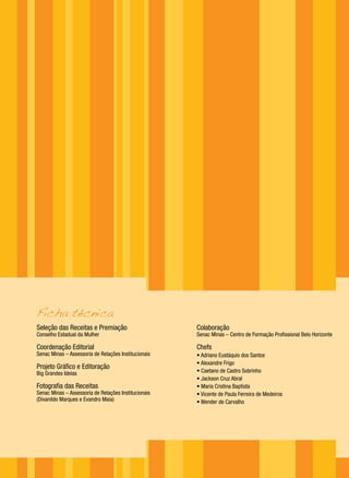 Ficha técnica
Seleção das Receitas e Premiação
Conselho Estadual da Mulher
Coordenação Editorial
Senac Minas – Assessoria de Relações Institucionais
Projeto Gráfico e Editoração
Big Grandes Ideias
Fotografia das Receitas
Senac Minas – Assessoria de Relações Institucionais
(Divanildo Marques e Evandro Maia)
Colaboração
Senac Minas – Centro de Formação Profissional Belo Horizonte
Chefs
• Adriano Eustáquio dos Santos
• Alexandre Frigo
• Caetano de Castro Sobrinho
• Jackson Cruz Abral
• Maria Cristina Baptista
• Vicente de Paula Ferreira de Medeiros
• Wender de Carvalho
 