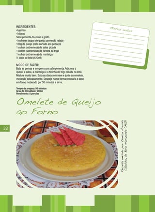 32
ReceitaenviadaporEuniceArruda
Cândido,deBeloHorizonte(MG)
Omelete de Queijo
ao Forno
INGREDIENTES:
4 gemas
4 claras
Sal e pimenta-do-reino a gosto
4 colheres (sopa) de queijo parmesão ralado
100g de queijo prato cortado aos pedaços
1 colher (sobremesa) de salsa picada
1 colher (sobremesa) de farinha de trigo
1 colher (sobremesa) de manteiga
½ copo de leite (120ml)
MODO DE FAZER:
Bata as gemas e tempere com sal e pimenta. Adicione o
queijo, a salsa, a manteiga e a farinha de trigo diluída no leite.
Misture muito bem. Bata as claras em neve e junte ao omelete,
mexendo delicadamente. Despeje numa forma refratária e asse
em forno moderado por 30 minutos e sirva.
Tempo de preparo: 50 minutos
Grau de dificuldade: Médio
Rendimento: 8 porções
Minhas notas
 