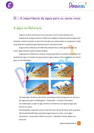palavrasaoquadrado.pt 8
II - A importância da água para os seres vivos
A água na Natureza
A água é um bem essencial aos seres vivos pois, sem ela, não é possível viver.
Grande parte da água existente na Natureza é salgada. Da pequena parte de água doce
existente, a maioria encontra-se sob a forma de gelo, nas calotas polares e nos glaciares, sendo
muito pequena a porção de água disponível para o consumo humano.
A água existe na Natureza em diferentes estados físicos: sólido (gelo), líquido (nos
mares, lagos, oceanos) e gasoso (vapor de água).
A água que há na Natureza é sempre a mesma, pois está em constante movimento e vai
mudando de lugar e de estado. Ao percurso que a água realiza na Terra chamamos de ciclo da
água ou ciclo hidrológico.
(1) Evaporação: devido ao calor do Sol, uma pequena parte da água do mar, dos rios e
dos lagos passa para o estado gasoso – evaporação – e vai para a atmosfera.
(2) Condensação: o vapor de água arrefece e transforma-se em gotas de água que
formam as nuvens.
(3) Precipitação: a água das nuvens cai da Terra sob a forma de chuva, neve ou granizo.
(4) Escoamento/infiltração: parte dessa água vai para os mares, rios e lagos –
escoamento – e outra parte infiltra-se na terra – infiltração. Começa, depois, um
novo ciclo.
 