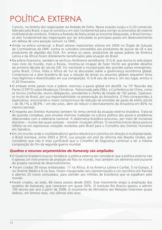POLÍTiCA EXTERNA
  Cancún, no âmbito das negociações da Rodada de Doha. Nessa ocasião surgiu o G-20 comercial,
  liderado pelo Brasil, e que se constituiu em ator fundamental para corrigir as anomalias do sistema
  multilateral de comércio. Embora a Rodada de Doha ainda se encontre bloqueada, o Brasil tornou-
  se ator fundamental das negociações por ter articulado os principais países em desenvolvimento
  em defesa de uma posição comum na OMC.
• Ainda na esfera comercial, o Brasil obteve importantes vitórias em 2004 no Órgão de Solução
  de Controvérsias da OMC contra os subsídios concedidos aos produtores de açúcar da UE e aos
  produtores de algodão dos EUA. Em ambos os casos, produtores de países pobres da América
  Latina e da África foram diretamente beneficiados pela atuação do Brasil.
• Na esfera financeira, também se verificou fenômeno semelhante. O G-8, que reunia os sete países
  mais ricos do mundo, mais a Rússia, mostrou-se incapaz de fazer frente aos grandes desafios
  da primeira década do século XXI. Foi inevitável a incorporação dos grandes países emergentes,
  como Brasil, China, Índia e África do Sul às discussões sobre a governança econômica global.
  Comprovou-se a tese brasileira de que a solução de temas ou assuntos globais requerem foros
  mais legítimos e diversificados em sua composição. O G-8 saiu de cena e, em seu lugar, entrou o
  G-20 financeiro.
• O embate entre países ricos e pobres retornou à pauta global em dez/09, na 15ª Reunião das
  Partes (COP15) sobre Mudanças Climáticas. Patrocinada pela ONU, a Conferência do Clima, como
  se tornou conhecida, reuniu delegações, presidentes e chefes de estado de 192 países. Esperava-
  se muito do Brasil, por sua responsabilidade na preservação da Amazônia. O País correspondeu à
  expectativa, anunciando o maior compromisso de redução de emissões de gases de efeito estufa
  – de 36,1% a 38,9% – em dez anos, além de reduzir o desmatamento da Amazônia em 80% no
  mesmo período.
• O respeito aos Direitos Humanos também foi tema central da atuação externa brasileira. Trata-se
  de questão complexa, pois envolve distintas tradições na cultura política dos povos e problemas
  relacionados com a soberania nacional. A diplomacia brasileira procurou, por meio de iniciativas
  discretas – muitas das quais exitosas – resolver situações difíceis. O reconhecimento dessa postura
  refletiu-se em expressivas votações recebidas pelo Brasil para o Conselho dos Direitos Humanos
  em Genebra.
• Em um mundo onde o multilateralismo ganha relevância e caminha em direção à multipolaridade,
  o Brasil manteve, entre 2003 e 2010, sua posição em prol da reforma das Nações Unidas, por
  considerar que não é mais justificável que o Conselho de Segurança continue a ter a mesma
  composição do fim da segunda guerra mundial.
Quadros e recursos orçamentários do Itamaraty são ampliados
• O Governo brasileiro buscou fortalecer a política externa por considerar que a política externa não
  é apenas um instrumento de projeção do País no mundo, mas também um elemento estruturante
  do projeto nacional de desenvolvimento.
• Foram criadas 39 novas embaixadas: 17 na África, 8 na América Latina e Caribe, 5 na Europa, 3
  no Oriente Médio e 6 na Ásia. Foram inauguradas seis representações e um escritório em Ramalá
  e abertos 20 novos consulados, para atender aos milhões de brasileiros que se espalham pelo
  mundo.
• Foram criados, ao todo, 66 novos postos desde 2003. Esse movimento exigiu a ampliação dos
  quadros do Itamaraty, que cresceram em quase 50%. O Instituto Rio Branco passou a admitir
  100 alunos por ano a partir de 2006. O orçamento do Ministério das Relações Exteriores quase
  dobrou, em termos reais, nos últimos oito anos.




12
 