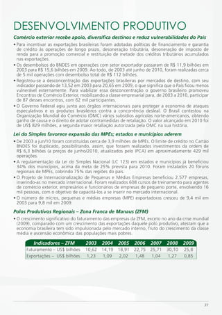 DESENVOLVimENTO PRODUTiVO
Comércio exterior recebe apoio, diversifica destinos e reduz vulnerabilidades do País
• Para incentivar as exportações brasileiras foram adotadas políticas de financiamento e garantia
  de crédito às operações de longo prazo, desoneração tributária, desoneração de imposto de
  renda para a promoção comercial e restituição de metade dos créditos tributários acumulados
  nas exportações.
• Os desembolsos do BNDES em operações com setor exportador passaram de R$ 11,9 bilhões em
  2003 para R$ 15,6 bilhões em 2009. Ao todo, de 2003 até junho de 2010, foram realizadas cerca
  de 5 mil operações com desembolso total de R$ 112 bilhões.
• Registrou-se a desconcentração das exportações brasileiras por mercados de destino, com seu
  indicador passando de 13,52 em 2003 para 20,65 em 2009, o que significa que o País ficou menos
  vulnerável externamente. Para viabilizar essa desconcentração o governo brasileiro promoveu
  Encontros de Comércio Exterior, mobilizando a classe empresarial para, de 2003 a 2010, participar
  de 87 desses encontros, com 62 mil participantes.
• O Governo Federal agiu junto aos órgãos internacionais para proteger a economia de ataques
  especulativos e os produtos brasileiros contra a concorrência desleal. O Brasil contestou na
  Organização Mundial do Comércio (OMC) vários subsídios agrícolas norte-americanos, obtendo
  ganho de causa e o direito de adotar contramedidas de retaliação. O valor alcançado em 2010 foi
  de US$ 829 milhões, a segunda maior retaliação autorizada pela OMC na sua história.
Lei do Simples favorece expansão das MPEs; estados e municípios aderem
• De 2003 a jun/10 foram constituídas cerca de 3,9 milhões de MPEs. O limite de crédito no Cartão
  BNDES foi duplicado, possibilitando, assim, que fossem realizados investimentos da ordem de
  R$ 6,3 bilhões (a preços de junho/2010, atualizados pelo IPCA) em aproximadamente 429 mil
  operações.
• A regulamentação da Lei do Simples Nacional (LC 123) em estados e municípios já beneficiou
  34% dos municípios, acima da meta de 25% prevista para 2010. Foram instalados 20 fóruns
  regionais de MPEs, cobrindo 75% das regiões do país.
• O Projeto de Internacionalização de Pequenas e Médias Empresas beneficiou 2.577 empresas,
  inserindo-as no mercado internacional. Foram realizados 608 cursos de treinamento para agentes
  de comércio exterior, empresários e funcionários de empresas de pequeno porte, envolvendo 16
  mil pessoas, com o objetivo de capacitá-los a se inserir no mercado internacional.
• O número de micros, pequenas e médias empresas (MPE) exportadoras cresceu de 9,4 mil em
  2003 para 9,8 mil em 2009.
Polos Produtivos Regionais – Zona Franca de Manaus (ZFM)
• O crescimento significativo do faturamento das empresas da ZFM, exceto no ano da crise mundial
  (2009), comparado com um crescimento das exportações daquele polo produtivo, atestam que a
  economia brasileira tem sido impulsionada pelo mercado interno, fruto do crescimento da classe
  média e ascensão econômica das populações mais pobres.

          Indicadores – ZFM         2003    2004     2005    2006    2007    2008     2009
      Faturamento – US$ bilhões     10,62   14,19   18,91    22,75   25,71   30,10    25,8
      Exportações – US$ bilhões     1,23    1,09    2,02     1,48    1,04    1,27     0,85




                                                                                                31
 