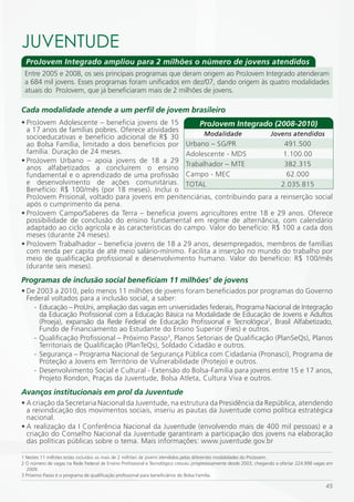 JUVENTUDE
  ProJovem Integrado ampliou para 2 milhões o número de jovens atendidos
 Entre 2005 e 2008, os seis principais programas que deram origem ao ProJovem Integrado atenderam
 a 684 mil jovens. Esses programas foram unificados em dez/07, dando origem às quatro modalidades
 atuais do ProJovem, que já beneficiaram mais de 2 milhões de jovens.

Cada modalidade atende a um perfil de jovem brasileiro
• ProJovem Adolescente – beneficia jovens de 15           ProJovem Integrado (2008-2010)
  a 17 anos de famílias pobres. Oferece atividades
                                                            Modalidade          Jovens atendidos
  socioeducativas e benefício adicional de R$ 30
  ao Bolsa Família, limitado a dois benefícios por Urbano – SG/PR                   491.500
  família. Duração de 24 meses.                       Adolescente - MDS             1.100.00
• ProJovem Urbano – apoia jovens de 18 a 29
                                                      Trabalhador – MTE             382.315
  anos alfabetizados a concluírem o ensino
  fundamental e o aprendizado de uma profissão Campo - MEC                           62.000
  e desenvolvimento de ações comunitárias. TOTAL                                   2.035.815
  Benefício: R$ 100/mês (por 18 meses). Inclui o
  ProJovem Prisional, voltado para jovens em penitenciárias, contribuindo para a reinserção social
  após o cumprimento da pena.
• ProJovem Campo/Saberes da Terra – beneficia jovens agricultores entre 18 e 29 anos. Oferece
  possibilidade de conclusão do ensino fundamental em regime de alternância, com calendário
  adaptado ao ciclo agrícola e às características do campo. Valor do benefício: R$ 100 a cada dois
  meses (durante 24 meses).
• ProJovem Trabalhador – beneficia jovens de 18 a 29 anos, desempregados, membros de famílias
  com renda per capita de até meio salário-mínimo. Facilita a inserção no mundo do trabalho por
  meio de qualificação profissional e desenvolvimento humano. Valor do benefício: R$ 100/mês
  (durante seis meses).
Programas de inclusão social beneficiam 11 milhões1 de jovens
• De 2003 a 2010, pelo menos 11 milhões de jovens foram beneficiados por programas do Governo
  Federal voltados para a inclusão social, a saber:
    - Educação – ProUni, ampliação das vagas em universidades federais, Programa Nacional de Integração
      da Educação Profissional com a Educação Básica na Modalidade de Educação de Jovens e Adultos
      (Proeja), expansão da Rede Federal de Educação Profissional e Tecnológica2, Brasil Alfabetizado,
      Fundo de Financiamento ao Estudante do Ensino Superior (Fies) e outros.
    - Qualificação Profissional – Próximo Passo3, Planos Setoriais de Qualificação (PlanSeQs), Planos
      Territoriais de Qualificação (PlanTeQs), Soldado Cidadão e outros.
    - Segurança – Programa Nacional de Segurança Pública com Cidadania (Pronasci), Programa de
      Proteção a Jovens em Território de Vulnerabilidade (Protejo) e outros.
    - Desenvolvimento Social e Cultural - Extensão do Bolsa-Família para jovens entre 15 e 17 anos,
      Projeto Rondon, Praças da Juventude, Bolsa Atleta, Cultura Viva e outros.
Avanços institucionais em prol da Juventude
• A criação da Secretaria Nacional da Juventude, na estrutura da Presidência da República, atendendo
  a reivindicação dos movimentos sociais, inseriu as pautas da Juventude como política estratégica
  nacional.
• A realização da I Conferência Nacional da Juventude (envolvendo mais de 400 mil pessoas) e a
  criação do Conselho Nacional da Juventude garantiram a participação dos jovens na elaboração
  das políticas públicas sobre o tema. Mais informações: www.juventude.gov.br

1 Nestes 11 milhões estão incluídos os mais de 2 milhões de jovens atendidos pelas diferentes modalidades do ProJovem.
2 O número de vagas na Rede Federal de Ensino Profissional e Tecnológico cresceu progressivamente desde 2003, chegando a ofertar 224.998 vagas em
  2009.
3 Próximo Passo é o programa de qualificação profissional para beneficiários do Bolsa Família.

                                                                                                                                             45
 