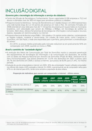iNCLUSÃO DiGiTAL
Governo põe a tecnologia da informação a serviço da cidadania
• Centro de Difusão de Tecnologia e Conhecimento: foram capacitadas 8.290 empresas e 75,5 mil
  alunos e ofertadas mais de 369 mil vagas para servidores públicos e cidadãos.
• Programa Governo Eletrônico - Serviço de Atendimento ao Cidadão (Gesac): em 2003 representava
  uma rede banda larga de 3,2 mil pontos de presença em todo o País. Os contratos firmados em
  2008 estenderam essa rede para mais de 11 mil pontos de presença em quase todos os municípios
  brasileiros, com velocidades que variam de 256kbps a 8Mbps, em tecnologia de satélite ou
  terrestre. Além disso, oferece ferramentas de tecnologia da informação e comunicação e recursos
  digitais, baseadas em domínio próprio na internet.
• Programa Nacional de Banda Larga (PNBL): 100 cidades e 16 capitais serão cobertas, contemplando
  as regiões sudeste, nordeste e centro-oeste. Em cidades de maior porte, como Campinas e
  Guarulhos, em São Paulo, a rede será expandida para a periferia, para promover a universalização
  do acesso.
     - Em 2010, os preços médios praticados pelo mercado reduziram-se em praticamente 50% em
       comparação com 2009, quando se iniciou o PNBL.
Brasil a caminho da “sociedade digital”
• A evolução dos Meios de Comunicação por Total de Domicílios mostra a crescente penetração
  dos equipamentos de tecnologias da informação e da comunicação nos domicílios, de acordo
  com os dados da Pesquisa Nacional por Amostra de Domicílios (Pnad) do IBGE. Destacam-se os
  itens microcomputador, que estava presente em 12,6% dos domicílios em 2001 e passou para
  34,7% dos domicílios em 2009, e acesso à internet, que passou de 8,6% para 27,4%, no mesmo
  período.
• Evolução do uso de computadores e internet: em 2005, 30% dos entrevistados1 haviam utilizado computador
  nos últimos três meses e 24% acessado a internet. Em 2009, o percentual de uso de computador saltou para
  47% e o de internet para 43%, tendo como amostra a população da área urbana.

               Proporção de indivíduos que usaram um computador e internet - último acesso

                                                                                     2008    2009
                                                  2005   2006   2007 2008 2009
                                                                                    Urbano Urbano
                                                 urbano urbano urbano urbano urbano
                                                                                    + Rural + Rural
 Utilizou Internet nos últimos 3
                                 24%                              28%           34%         38%          43%           34%           39%
 meses
 Utilizou computador nos últimos
                                 30%                              33%           40%         41%          47%           38%           43%
 3 meses
Fonte: Cetic.br.




1 Pesquisa sobre o Uso das Tecnologias de Informação e Comunicação no Brasil (TIC Domicílios 2009), do Centro de Estudos sobre as Tecnologias da
  Informação e da Comunicação (Cetic.br).

                                                                                                                                            47
 