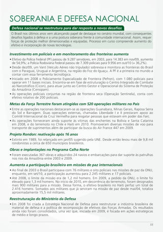 SOBERANiA E DEFESA NACiONAL
 Defesa nacional se reestrutura para dar resposta a novos desafios
 O Brasil nos últimos anos vem alcançando papel de destaque no cenário mundial, com consequentes
 desafios ligados à defesa e a uma postura soberana frente à comunidade internacional. Assim, requer
 forças de proteção melhor dimensionadas e equipadas. Processo em curso compreende aumento do
 efetivo e incorporação de novas tecnologias.

Investimento em policiais e em monitoramento das fronteiras aumenta
• Efetivo da Polícia Federal (PF) passou de 9.287 servidores, em 2003, para 14.383 em nov/09, aumento
  de 54,9%; a Polícia Rodoviária Federal passou de 7.309 policiais para 9.956 em out/10 (+ 36,2%).
• Desde dez/09, um Vant (Veículo Aéreo não tripulado) sobrevoa e monitora as fronteiras do Brasil
  com o Paraguai, Uruguai e Argentina, na região do Foz do Iguaçu. A PF é a primeira no mundo a
  contar com essa ferramenta tecnológica.
• Iniciado em 2008 o Policiamento Especializado de Fronteira (Pefron), com 1.080 policiais para
  operar em 11 bases iniciais. Encontra-se em fase de estruturação o Centro Integrado de Combate
  ao Narcotráfico (Cicon), para atuar junto ao Centro Gestor e Operacional do Sistema de Proteção
  da Amazônia (Censipam).
• As operações policiais conjuntas na região de fronteira seca (Operação Sentinela), conta com
  efetivo rotativo de 200 policiais.
Metas da Força Terrestre foram atingidas com 520 operações militares no País
• Entre as operações nacionais destacaram-se as operações Guanabara, Minas Gerais, Raposa Serra
  do Sol e Barragem. Duas operações externas, chamadas Liberdade I e II prestaram apoio ao
  Comitê Internacional da Cruz Vermelha para resgatar pessoas que estavam em poder das Farc.
• As operações forneceram ainda suporte às vítimas das enchentes na Bolívia e Santa Catarina
  em 2008, e do terremoto no Chile e Haiti em 2010. Promoveram diversas missões de voo para
  transporte de suprimentos além de participar da busca do Air France 447 em 2009.
Projeto Rondon: reativação após 16 anos
• Extinto em 1989, foi relançado em jan/05 sugerido pela UNE. Desde então levou mais de 9,8 mil
  rondonistas a cerca de 650 municípios brasileiros.
Obras e implantações no Programa Calha Norte
• Foram executadas 367 obras e adquiridos 24 navios e embarcações para dar suporte às patrulhas
  nos rios da Amazônia entre 2003 e 2009.
Aumenta a participação brasileira em missões de paz internacionais
• Ao final de 2003 o Brasil participava com 76 militares e oito policiais nas missões de paz da ONU,
  enquanto, em set/10, a participação aumentou para 2.245 militares e 17 policiais.
• Até 2008, o limite da missão era de 1,2 mil homens. Em 2009, a pedido da ONU, o limite foi
  elevado para 1,3 mil homens. No início de 2010, em decorrência do terremoto, foram designados
  mais 900 militares para a missão. Dessa forma, o efetivo brasileiro no Haiti perfaz um total de
  2.416 homens. Somados aos militares que já serviram na missão de paz desde mai/04, totaliza
  aproximadamente 15,5 mil militares.
Reestruturação do Ministério da Defesa
• Em 2008 foi criada a Estratégia Nacional de Defesa para reestruturar a indústria brasileira de
  material de defesa e a política de recomposição de efetivos das Forças Armadas. Os resultados
  ainda não foram consolidados, uma vez que, iniciada em 2009, é focada em ações estratégicas
  de médio e longo prazos.

                                                                                                   55
 