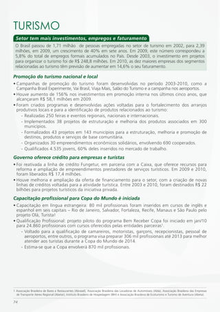 TURiSmO
 Setor tem mais investimentos, empregos e faturamento
 O Brasil passou de 1,71 milhão de pessoas empregadas no setor de turismo em 2002, para 2,39
 milhões, em 2009, um crescimento de 40% em sete anos. Em 2009, este número correspondeu a
 5,8% do total de empregos formais acumulados no País. Desde 2003, o investimento em projetos
 para organizar o turismo foi de R$ 248,8 milhões. Em 2010, as dez maiores empresas dos segmentos
 relacionadas ao turismo têm previsão de aumentar em 14,6% o seu faturamento.

Promoção do turismo nacional e local
• Campanhas de promoção do turismo foram desenvolvidas no período 2003-2010, como a
  Campanha Brasil Experimente, Vai Brasil, Viaja Mais, Salão do Turismo e a campanha nos aeroportos.
• Houve aumento de 156% nos investimentos em promoção interna nos últimos cinco anos, que
  alcançaram R$ 58,1 milhões em 2009.
• Foram criados programas e desenvolvidas ações voltadas para o fortalecimento dos arranjos
  produtivos locais e para a identificação de produtos relacionados ao turismo:
     - Realizadas 250 feiras e eventos regionais, nacionais e internacionais.
     - Implementados 38 projetos de estruturação e melhoria dos produtos associados em 300
       municípios.
     - Formalizados 43 projetos em 143 municípios para a estruturação, melhoria e promoção de
       destinos, produtos e serviços de base comunitária.
     - Organizados 30 empreendimentos econômicos solidários, envolvendo 690 cooperados.
     - Qualificados 4.535 jovens, 60% deles inseridos no mercado de trabalho.
Governo oferece crédito para empresas e turistas
• Foi reativada a linha de crédito Fungetur, em parceria com a Caixa, que oferece recursos para
  reforma e ampliação de empreendimentos prestadores de serviços turísticos. Em 2009 e 2010,
  foram liberados R$ 17,4 milhões.
• Houve melhoria e ampliação da oferta de financiamento para o setor, com a criação de novas
  linhas de créditos voltadas para a atividade turística. Entre 2003 e 2010, foram destinados R$ 22
  bilhões para projetos turísticos da iniciativa privada.
Capacitação profissional para Copa do Mundo é iniciada
• Capacitação em língua estrangeira: 80 mil profissionais foram inseridos em cursos de inglês e
  espanhol em seis capitais – Rio de Janeiro, Salvador, Fortaleza, Recife, Manaus e São Paulo pelo
  projeto Olá, Turista!
• Qualificação Profissional: projeto piloto do programa Bem Receber Copa foi iniciado em jan/10
  para 24.860 profissionais com cursos oferecidos pelas entidades parceiras1.
    - Voltado para a qualificação de camareiros, motoristas, garçons, recepcionistas, pessoal de
      aeroportos, entre outros, o programa visa preparar 306 mil profissionais até 2013 para melhor
      atender aos turistas durante a Copa do Mundo de 2014.
    - Estima-se que a Copa envolverá 870 mil profissionais.




1 Associação Brasileira de Bares e Restaurantes (Abrasel), Associação Brasileira das Locadoras de Automóveis (Abla), Associação Brasileira das Empresas
  de Transporte Aéreo Regional (Abetar), Instituto Brasileiro de Hospedagem (IBH) e Associação Brasileira de Ecoturismo e Turismo de Aventura (Abeta).

74
 