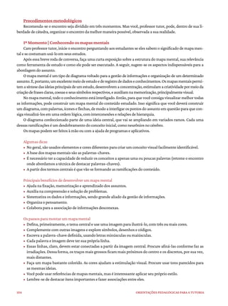 104 ORIENTAÇÕES PEDAGÓGICAS PARA A TUTORIA
Procedimentos metodológicos
Recomenda-se o encontro seja dividido em três momentos. Mas você, professor tutor, pode, dentro de sua li-
berdade de cátedra, organizar o encontro da melhor maneira possível, observada a sua realidade.
1º Momento | Conhecendo os mapas mentais
Caro professor tutor, inicie o encontro perguntando aos estudantes se eles sabem o significado de mapa men-
tal e se costumam usá-lo em seus estudos.
Após essa breve roda de conversa, faça uma curta exposição sobre a estrutura do mapa mental, sua relevância
como ferramenta de estudo e como ele pode ser executado. A seguir, sugere-se os aspectos indispensáveis para a
abordagem do assunto.
O mapa mental é um tipo de diagrama voltado para a gestão de informações e organização de um determinado
assunto.É,portanto,umexcelentemeiodeestudoederegistrodedadoseconhecimentos.Osmapasmentaispermi-
temasíntesedasideiasprincipaisdeumestudo,desenvolvemaconcentração,estimulamacriatividadepormeioda
criaçãodefrasesclaras,coesaseseussímbolosrespectivos,eauxiliamnamemorização,principalmentevisual.
No mapa mental, todo o conhecimento está interligado. Então, para que você consiga visualizar melhor todas
as informações, pode construir um mapa mental do conteúdo estudado. Isso significa que você deverá construir
um diagrama, com palavras, ícones e flechas, de modo a interligar os pontos do assunto em questão para que con-
siga visualizá-los em uma ordem lógica, com interconexões e relações de hierarquia.
O diagrama confeccionado parte de uma ideia central, que vai se ampliando em variados ramos. Cada uma
dessas ramificações é um desdobramento do conceito inicial, como neurônios no cérebro.
Os mapas podem ser feitos à mão ou com a ajuda de programas e aplicativos.
Algumas dicas
• No geral, são usados elementos e cores diferentes para criar um conceito visual facilmente identificável.
• A base dos mapas mentais são as palavras-chaves.
• É necessário ter a capacidade de reduzir os conceitos a apenas uma ou poucas palavras (retome o encontro
onde abordamos a técnica de destacar palavras-chaves).
• A partir dos termos centrais é que vão se formando as ramificações do conteúdo.
Principais benefícios de desenvolver um mapa mental
• Ajuda na fixação, memorização e aprendizado dos assuntos.
• Auxilia na compreensão e solução de problemas.
• Sistematiza os dados e informações, sendo grande aliado da gestão de informações.
• Organiza o pensamento.
• Colabora para a associação de informações desconexas.
Os passos para montar um mapa mental
• Defina, primeiramente, o tema central e use uma imagem para ilustrá-lo, com três ou mais cores.
• Complemente com outras imagens e explore símbolos, desenhos e códigos.
• Escreva a palavra-chave definida, usando letras minúsculas ou maiúsculas.
• Cada palavra e imagem deve ter sua própria linha.
• Essas linhas, claro, devem estar conectadas a partir da imagem central. Procure afiná-las conforme faz as
irradiações. Dessa forma, os traços mais grossos ficam mais próximos do centro e os discretos, por sua vez,
mais distantes.
• Faça um mapa bastante colorido. As cores ajudam a estimulação visual. Procure usar tons parecidos para
as mesmas ideias.
• Você pode usar referências de mapas mentais, mas é interessante aplicar seu próprio estilo.
• Lembre-se de destacar itens importantes e fazer associações entre eles.
 