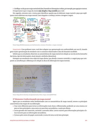 105
Sequências didáticas para a 2ª série
• Certifique-sedequeseumapamentalestáclaro,baseadoemhierarquiaseordens,porexemplo,paraagruparosramos.
O importante é que o mapa da mente seja simples e faça sentido para você.
Em seguida, converse com a turma para identificar aqueles que já elaboram mapa mental e peça que expli-
quem como elaboram seu mapa mental. Caso ninguém o conheça, mostre a imagem a seguir.
Fonte: https://infinittusexatas.com.br/cinematica-resumos-formulas-e-mapas-mentais/
Importante: Caro professor tutor, você deve adaptar sua apresentação em conformidade com seu IF, visando
gerar maior aproximação do estudante com os assuntos relacionados à área do itinerário escolhido.
Solicite que os estudantes observem as características do mapa mental em relação ao uso da escrita (tamanho
das letras, tipo de informação), sinais (setas) e símbolos (desenhos).
Entregue aos estudantes uma cópia do mapa abaixo, que aborda o mesmo conteúdo, e a seguir peça que com-
parem as semelhanças e diferenças em relação às dicas de elaboração de mapas mentais.
Fonte: https://www.docsity.com/pt/cinematica-fisica-mapa-mental/6007410/
2º Momento: Confeccionando um mapa mental
Agora que os estudantes estão familiarizados com as características do mapa mental, retome as principais
características das etapas de sua elaboração:
• Usar cores diferentes para tornar as informações mais claras e diferenciadas, podendo ser uma mesma cor
para os itens principais e uma outra cor para itens secundários, e assim por diante.
• Letras grandes são essenciais, variando o tamanho delas. Letras maiores para informações principais e le-
tras menores para as informações secundárias.
• Comece pelo centro do papel, escrevendo o nome do tema ou do item principal.
 