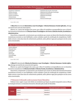 125
Sequências didáticas para a 3ª série
Bloco III: Matemática e suas Tecnologias, Ciências Humanas e Sociais Aplicadas - IF de Ciências Sociais, Econômicas e
Administrativas
ArquiteturaeUrbanismo
CiênciasAtuariais
CiênciasContábeis
Ciências Econômicas
CiênciasSociais
EngenhariadeComputação
EngenhariadeControleeAutomação
EngenhariadeFortificaçãoeConstrução
EngenhariadeMateriais
EngenhariadeProdução
Estatística
SistemasdeInformação
Fonte: MEC, 2022
OBlocoIII,denominadoMatemáticaesuasTecnologias+CiênciasHumanaseSociaisAplicadas,abrange
um total de seis cursos de nível superior.
Observa-se, a partir das listagens dos cursos, que o Bloco III estabelece correspondências com os itinerá-
rios formativos maranhenses de Ciências Exatas Tecnológicas e da Terra e Ciências Sociais, Econômicas e
Administrativas.
Dessa forma, compreende-se teoricamente que estudantes que cursam um destes dois itinerários formativos
maranhenses encontrar-se-iam habilitados a serem avaliados a partir da combinação de competências e habili-
dades comuns a estas duas áreas de conhecimento, podendo, assim, pleitear vagas para quaisquer um dos cursos
acima mencionados.
Bloco IV: Ciências da Natureza e suas Tecnologias, Ciências Humanas e Sociais Aplicadas - IF de Ciências da Saúde
CiênciasMilitares
EducaçãoFísica
Enfermagem
Farmácia
Fisioterapia
Fonoaudiologia
Medicina
Museologia
Odontologia
Psicologia
Teologia
TerapiaOcupacional
Turismo
Fonte: MEC, 2022
O Bloco IV, denominado Ciências da Natureza e suas Tecnologias + Ciências Humanas e Sociais Aplica-
das, abrange um total de seis cursos de nível superior.
Observa-se, a partir das listagens dos cursos, que o Bloco IV estabelece correspondências com os itinerários
formativos maranhenses de Ciências da Saúde e Ciências Sociais, Econômicas e Administrativas.
Dessaforma,compreende-se,teoricamente,queestudantesquecursamumdestesdoisitineráriosformativos
maranhenses encontrar-se-iam habilitados a serem avaliados a partir da combinação de competências e habili-
dades comuns a estas duas áreas de conhecimento, podendo, assim, pleitear vagas para quaisquer um dos cursos
acima mencionados.
3º Momento | Colocando a mão na massa: Enem/ itinerários
Professor tutor, sugere-se que você solicite aos estudantes que façam um painel comparativo entre os Blocos
de Avaliação do Enem e os itinerários formativos ofertados pelo estado do Maranhão.
Cursos
Bloco ________________ Itinerário formativo maranhão
CursoA ItinerárioA
CursoB ItinerárioB
CursoC ItinerárioC
 