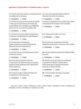141
Apêndices
Apêndice II | Quiz Mitos e Verdades sobre a Tutoria
1.ATutoriaservepararealizaroacompanhamento
psicológicodosestudantes.
( )Verdadeiro ( )Falso
2. Otutorseráresponsávelpelaescolhado
ItinerárioFormativodoestudante.
( )Verdadeiro ( )Falso
3. ATutoriatornapossívelaoestudanteampliar
avisãoquetemdesimesmo,domundo,das
oportunidades,dasestratégiasepossibilidades
paratomaremsuasmãossuaprópriavida.
( )Verdadeiro ( )Falso
4. Tutoriaéojulgamentodasescolhas,dosvalores
edasdecisõesdoestudanteedasuafamília.
( )Verdadeiro ( )Falso
5.ATutoriaservecomoreforçoescolarparaos
estudantescomdificuldadedeaprendizagem.
( )Verdadeiro ( )Falso
6. O alunopodeescolheroseututor.
( )Verdadeiro ( )Falso
7. ATutoriadeveserministrada,
preferencialmente,pordoisprofessoresde
diferentesáreasdoconhecimento.
( )Verdadeiro ( )Falso
8. ATutoriaéumcomponentecurricular
obrigatórioapenasparaa1ªsériedoensinomédio.
( )Verdadeiro ( )Falso
9.AauladeTutoriaseráministradaem1(um)
horárioporsemana.
( )Verdadeiro ( )Falso
10. OTutorcoordenaoprocessodeeleiçãodolíder
deturma.
( )Verdadeiro ( )Falso
11. Otutordeveráministraraulasdos
componentescurricularesemqueoestudante
apresentabaixorendimento(Ex.:Matemática,
FísicaeQuímica).
( )Verdadeiro ( )Falso
12. Atutoriaservecomoapoioaosestudantes
noprocessodereflexãoeanálisesobreo
desenvolvimentonoItinerárioFormativo
associadoaoProjetodeVida.
( )Verdadeiro ( )Falso
13. ATutoriaauxilianodesenvolvimentode
competênciassocioemocionais.
( )Verdadeiro ( )Falso
14. ATutoriarealizaorientaçãovocacional.
( )Verdadeiro ( )Falso
Respostas: 1. Falso; 2. Falso; 3. Verdadeiro; 4. Falso; 5. Falso; 6. Falso; 7. Verdadeiro; 8. Falso; 9. Verdadeiro; 10.
Verdadeiro; 11. Falso; 12. Verdadeiro; 13. Verdadeiro; 14. Falso.
 