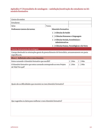 145
Apêndices
Apêndice V | Formulário de sondagem – satisfação/motivação do estudante no iti-
nerário formativo
Centrodeensino:
Estudante:
Série: Turno
Professores tutoresdaturma: ItinerárioFormativo:
( )CiênciasdaSaúde
( )CiênciasHumanase Linguagem
( )CiênciasSociais,Econômicase
Administrativas
( )CiênciasExatas,Tecnológicase daTerra
Tutoria:Instrumentodesondagem
Campodestinadoàsorientaçõesgeraisdepreenchimentodoformulário,armazenamentoempasta
específicaetc.
Bloco1-Refletindosobreomeuitinerário
Estoucursandooitinerárioformativoqueescolhi? ( )Sim ( )Não
OitinerárioformativoqueestoucursandocorrespondeaomeuProjeto
deVida?Porquê?
( )Sim ( )Não
Quaissãoasdificuldadesqueencontronomeuitinerárioformativo?
Quesugestõeseudariaparamelhoraromeuitinerárioformativo?
 