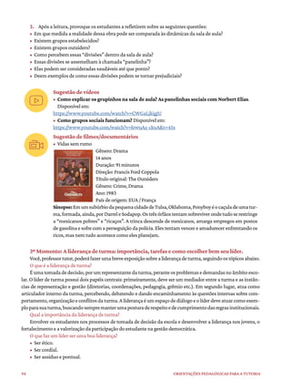 94 ORIENTAÇÕES PEDAGÓGICAS PARA A TUTORIA
2. Após a leitura, provoque os estudantes a refletirem sobre as seguintes questões:
• Em que medida a realidade dessa obra pode ser comparada às dinâmicas da sala de aula?
• Existem grupos estabelecidos?
• Existem grupos outsiders?
• Como percebem essas “divisões” dentro da sala de aula?
• Essas divisões se assemelham à chamada “panelinha”?
• Elas podem ser consideradas saudáveis até que ponto?
• Deem exemplos de como essas divisões podem se tornar prejudiciais?
Sugestão de vídeos
• Como explicar os grupinhos na sala de aula? As panelinhas sociais com Norbert Elias.
Disponível em:
https://www.youtube.com/watch?v=CWGaLjkigJU
• Como grupos sociais funcionam? Disponível em:
https://www.youtube.com/watch?v=fewuAz-ckuA&t=45s
Sugestão de filmes/documentários
• Vidas sem rumo
Gênero: Drama
14 anos
Duração: 91 minutos
Direção: Francis Ford Coppola
Título original: The Outsiders
Gênero: Crime, Drama
Ano: 1983
País de origem: EUA / França
Sinopse:EmumsubúrbiodapequenacidadedeTulsa,Oklahoma,Ponyboyéocaçuladeumatur-
ma,formada,ainda,porDarreleSodapop.Ostrêsórfãostentamsobreviverondetudoserestringe
a “mexicanos pobres” e “ricaços”. A trinca descende de mexicanos, amarga empregos em postos
de gasolina e sofre com a perseguição da polícia. Eles tentam vencer e amadurecer enfrentando os
ricos, mas nem tudo acontece como eles planejam.
3º Momento: A liderança de turma: importância, tarefas e como escolher bem seu líder.
Você,professortutor,poderáfazerumabreveexposiçãosobrealiderançadeturma,seguindoostópicosabaixo.
O que é a liderança de turma?
Éumatomadadedecisão,porumrepresentantedaturma,peranteosproblemasedemandasnoâmbitoesco-
lar. O líder de turma possui dois papéis centrais: primeiramente, deve ser um mediador entre a turma e as instân-
cias de representação e gestão (diretorias, coordenações, pedagogia, grêmio etc.). Em segundo lugar, atua como
articulador interno da turma, percebendo, debatendo e dando encaminhamento às questões internas sobre com-
portamento,organizaçãoeconflitosdaturma.Aliderançaéumespaçodediálogoeolíderdeveatuarcomoexem-
ploparasuaturma,buscandosempremanterumaposturaderespeitoedecumprimentodasregrasinstitucionais.
Qual a importância da liderança de turma?
Envolver os estudantes nos processos de tomada de decisão da escola e desenvolver a liderança nos jovens, o
fortalecimento e a valorização da participação do estudante na gestão democrática.
O que faz um líder ser uma boa liderança?
• Ser ético.
• Ser cordial.
• Ser assíduo e pontual.
 