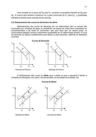 101
Uma variação só no preço de P0 para P1, aumenta a quantidade ofertada de Q0 para
Q1. O inverso aqui também é possível: se o preço diminuísse de P1 para P0 , a quantidade
ofertada do produto seria reduzida de Q1 para Q0 .
4.2. Deslocamento das curvas de demanda e de oferta
Deslocamentos das curvas de demanda por um determinado bem ou serviço são
provocados por variações de gosto ou preferência, de preços de outros bens (substitutos ou
complementares) e da renda do consumidor. Isso quer dizer que, ao mesmo preço, os
consumidores desejam comprar mais/menos quantidades de um determinado produto. A curva
de demanda se desloca paralelamente para direita ou para esquerda, refletindo as alterações
ocorridas.
Curvas de Demanda
O deslocamento das curvas de oferta para a direita ou para a esquerda é devido a
variações na tributação, nos custos, na produtividade, na tecnologia de produção, etc.
Curvas de Oferta
Aumento da Procura Redução da Procura
Redução da Oferta Aumento da Oferta
 