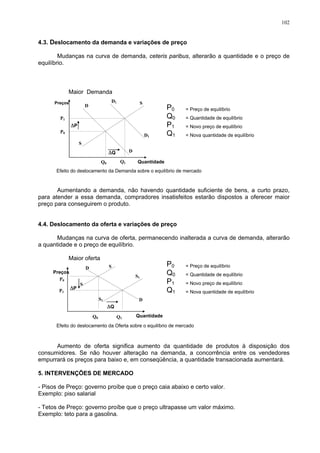 102
4.3. Deslocamento da demanda e variações de preço
Mudanças na curva de demanda, ceteris paribus, alterarão a quantidade e o preço de
equilíbrio.
Maior Demanda
ΔP
ΔQ
Q0
Preços
Quantidade
Q1
D
D1 S
S
D1
D
P1
P0
P0 = Preço de equilíbrio
Q0 = Quantidade de equilíbrio
P1 = Novo preço de equilíbrio
Q1 = Nova quantidade de equilíbrio
Aumentando a demanda, não havendo quantidade suficiente de bens, a curto prazo,
para atender a essa demanda, compradores insatisfeitos estarão dispostos a oferecer maior
preço para conseguirem o produto.
4.4. Deslocamento da oferta e variações de preço
Mudanças na curva de oferta, permanecendo inalterada a curva de demanda, alterarão
a quantidade e o preço de equilíbrio.
Maior oferta
Δ
ΔQ
Q0
Preços
Quantidade
Q1
P0
P1
D
S
S
P
D
S1
S1
P0 = Preço de equilíbrio
Q0 = Quantidade de equilíbrio
P1 = Novo preço de equilíbrio
Q1 = Nova quantidade de equilíbrio
Efeito do deslocamento da Demanda sobre o equilíbrio de mercado
Efeito do deslocamento da Oferta sobre o equilíbrio de mercado
Aumento de oferta significa aumento da quantidade de produtos à disposição dos
consumidores. Se não houver alteração na demanda, a concorrência entre os vendedores
empurrará os preços para baixo e, em conseqüência, a quantidade transacionada aumentará.
5. INTERVENÇÕES DE MERCADO
- Pisos de Preço: governo proíbe que o preço caia abaixo e certo valor.
Exemplo: piso salarial
- Tetos de Preço: governo proíbe que o preço ultrapasse um valor máximo.
Exemplo: teto para a gasolina.
 