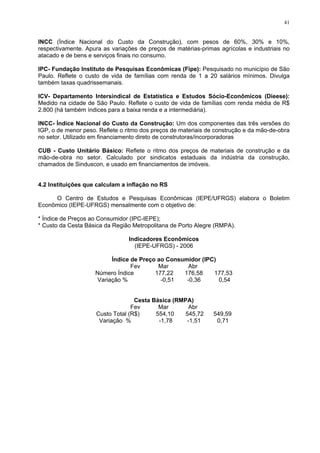 41
INCC (Índice Nacional do Custo da Construção), com pesos de 60%, 30% e 10%,
respectivamente. Apura as variações de preços de matérias-primas agrícolas e industriais no
atacado e de bens e serviços finais no consumo.
IPC- Fundação Instituto de Pesquisas Econômicas (Fipe): Pesquisado no município de São
Paulo. Reflete o custo de vida de famílias com renda de 1 a 20 salários mínimos. Divulga
também taxas quadrissemanais.
ICV- Departamento Intersindical de Estatística e Estudos Sócio-Econômicos (Dieese):
Medido na cidade de São Paulo. Reflete o custo de vida de famílias com renda média de R$
2.800 (há também índices para a baixa renda e a intermediária).
INCC- Índice Nacional do Custo da Construção: Um dos componentes das três versões do
IGP, o de menor peso. Reflete o ritmo dos preços de materiais de construção e da mão-de-obra
no setor. Utilizado em financiamento direto de construtoras/incorporadoras
CUB - Custo Unitário Básico: Reflete o ritmo dos preços de materiais de construção e da
mão-de-obra no setor. Calculado por sindicatos estaduais da indústria da construção,
chamados de Sinduscon, e usado em financiamentos de imóveis.
4.2 Instituições que calculam a inflação no RS
O Centro de Estudos e Pesquisas Econômicas (IEPE/UFRGS) elabora o Boletim
Econômico (IEPE-UFRGS) mensalmente com o objetivo de:
* Índice de Preços ao Consumidor (IPC-IEPE);
* Custo da Cesta Básica da Região Metropolitana de Porto Alegre (RMPA).
Indicadores Econômicos
(IEPE-UFRGS) - 2006
Índice de Preço ao Consumidor (IPC)
Fev Mar Abr
Número Índice 177,22 176,58 177,53
Variação % -0,51 -0,36 0,54
Cesta Básica (RMPA)
Fev Mar Abr
Custo Total (R$) 554,10 545,72 549,59
Variação % -1,78 -1,51 0,71
 