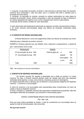 59
1. computar, na apuração do produto, somente o valor dos bens e serviços finais. No exemplo,
somente seria computado o valor dos pães, que é o produto final (não é utilizado para a
produção de outros bens);
2. computar, na apuração do produto, somente os valores adicionados em cada etapa do
processo de produção. Assim, seriam computados o valor da produção do trigo na fazenda e
os valores agregados (de salários, juros, lucros, aluguéis) pelo moinho e pela padaria.
O exemplo acima mostra o método do valor adicionado.
O valor adicionado está diretamente relacionado ao segundo conceito macroeconômico básico:
o de renda nacional (remunerações pagas aos fatores de produção mobilizados pelas
empresas.
2. O CONCEITO DE RENDA NACIONAL(RN)
A Renda Nacional é a soma dos pagamentos feitos aos fatores de produção que foram
utilizados para a obtenção do produto nacional.
EXEMPLO: Empresa agrícola que use trabalho, terra, máquinas e equipamentos, e capital de
giro = para produzir arroz e soja.
PRODUÇÃO RENDA
VT da produção de arroz 600 Total de pgtos de: w 800
VT da produção de soja 400 aluguel 80
Juros pagos 20
Lucro 100
Total 1000 Total 1000
OBS: não incorpora os insumos intermediários
3. CONCEITO DE DESPESA NACIONAL(DN)
Um terceiro conceito diz respeito à destinação que é dada ao produto e à renda
nacional. Ou seja, o Produto nacional também pode ser medido pela ótica das despesas
realizadas pelos agentes, ou seja, consumidores, empresas, governo e estrangeiros.
As nações produzem bens e serviços que se destinam a duas grandes categorias de dispêndio
nacional - o consumo e a acumulação.
A soma do consumo e da acumulação está representada pelos investimentos em bens de
capital, é igual ao dispêndio nacional.
A renda, o produto e o dispêndio nacional são expressões contabilmente equivalentes. São três
abordagens diferentes de avaliação, que conduzem a mensurações iguais.
ENTÃO: A IDENTIDADE BÁSICA DAS CONTAS NACIONAIS:
PN = RN = DN
Para que essa tríplice igualdade se realize, o total de investimento em acumulação deve se
igualar ao total de renda poupada, não consumida.
Por que isso ocorre?
 