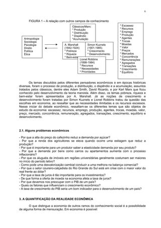 6
FIGURA 1 – A relação com outros campos de conhecimento
Antropologia
Sociologia
Psicologia
Direito
Política
Ética
Clássicos/Marx:
* Produção
* Distribuição
* Dispêndio
*Acumulação
A. Marshall
(1842-1924)
* Pobreza
* Riqueza
* Bem-estar
Simon Kuznets
(1901-1985)
* Crescimento
* Desenvolvimento
Lionel Robbins
(1898-1984)
* Recursos
* Necessidades
* Prioridades
* Escassez
* Recursos
* Emprego
* Produção
* Agentes
* Trocas
* Moedas
* Valor
* Preços
* Mercados
* Concorrência
* Remunerações
* Agregados
* Transações
* Crescimento
* Equilíbrio
Os temas discutidos pelos diferentes pensadores econômicos e em épocas históricas
diversas, foram o processo de produção, a distribuição, o dispêndio e a acumulação, assuntos
tratados pelos clássicos, dentre eles Adam Smith, David Ricardo, e por Karl Marx que ficou
conhecido pelo desenvolvimento da teoria marxista. Além disso, os temas pobreza, riqueza e
bem-estar foram apresentados por A. Marshall. Já as noções de crescimento e
desenvolvimento foram tratadas por Simon Kuznets e Lionel Robbins tratou da questão das
escolhas em economia, ao ressaltar que as necessidades ilimitadas e os recursos escassos.
Nesse iniciar do debate econômico, ressaltam-se os diferentes temas que são objetos de
estudo da economia: escassez, recursos, emprego, produção, agentes, trocas, moedas, valor,
preço, mercado, concorrência, remuneração, agregados, transações, crescimento, equilíbrio e
desenvolvimento.
2.1. Alguns problemas econômicos
- Por que a alta do preço do cafezinho reduz a demanda por açúcar?
- Por que a renda dos agricultores se eleva quando ocorre uma estiagem que reduz a
produção?
- Por que é importante para um produtor saber a elasticidade demanda por seu produto?
- Por que a demanda por bens como carros ou apartamentos aumenta com o processo
inflacionário?
- Por que os aluguéis de imóveis em regiões universitárias geralmente costumam ser maiores
no início do período letivo?
- Como pode uma desvalorização cambial conduzir a uma melhora na balança comercial?
- Por que o setor coureiro-calçadista do Rio Grande do Sul está em crise com o maior valor do
real frente ao dólar?
- Por que a taxa de juros é tão importante para os investimentos?
- De que forma a oferta de moeda na economia afeta a taxa de juros?
- Por que devemos nos preocupar com o PIB de um país?
- Quais os fatores que influenciam o crescimento econômico?
- A taxa de crescimento do PIB seria um bom indicador para o desenvolvimento de um país?
3. A QUANTIFICAÇÃO DA REALIDADE ECONÔMICA
O que distingue a economia de outros ramos do conhecimento social é a possibilidade
de alguma forma de mensuração. Em economia é possível:
 