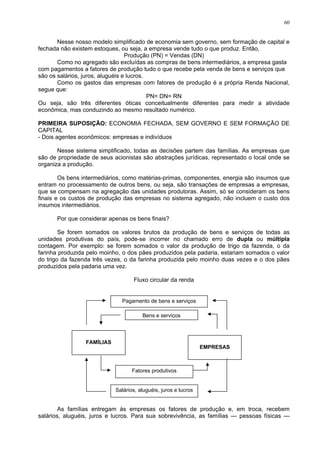 60
Nesse nosso modelo simplificado de economia sem governo, sem formação de capital e
fechada não existem estoques, ou seja, a empresa vende tudo o que produz. Então,
Produção (PN) = Vendas (DN)
Como no agregado são excluídas as compras de bens intermediários, a empresa gasta
com pagamentos a fatores de produção tudo o que recebe pela venda de bens e serviços que
são os salários, juros, aluguéis e lucros.
Como os gastos das empresas com fatores de produção é a própria Renda Nacional,
segue que:
PN= DN= RN
Ou seja, são três diferentes óticas conceitualmente diferentes para medir a atividade
econômica, mas conduzindo ao mesmo resultado numérico.
PRIMEIRA SUPOSIÇÃO: ECONOMIA FECHADA, SEM GOVERNO E SEM FORMAÇÃO DE
CAPITAL
- Dois agentes econômicos: empresas e indivíduos
Nesse sistema simplificado, todas as decisões partem das famílias. As empresas que
são de propriedade de seus acionistas são abstrações jurídicas, representado o local onde se
organiza a produção.
Os bens intermediários, como matérias-primas, componentes, energia são insumos que
entram no processamento de outros bens, ou seja, são transações de empresas a empresas,
que se compensam na agregação das unidades produtoras. Assim, só se consideram os bens
finais e os custos de produção das empresas no sistema agregado, não incluem o custo dos
insumos intermediários.
Por que considerar apenas os bens finais?
Se forem somados os valores brutos da produção de bens e serviços de todas as
unidades produtivas do país, pode-se incorrer no chamado erro de dupla ou múltipla
contagem. Por exemplo: se forem somados o valor da produção de trigo da fazenda, o da
farinha produzida pelo moinho, o dos pães produzidos pela padaria, estariam somados o valor
do trigo da fazenda três vezes, o da farinha produzida pelo moinho duas vezes e o dos pães
produzidos pela padaria uma vez.
Fluxo circular da renda
FAMÍLIAS
EMPRESAS
Pagamento de bens e serviços
Bens e serviços
Fatores produtivos
Salários, aluguéis, juros e lucros
As famílias entregam às empresas os fatores de produção e, em troca, recebem
salários, aluguéis, juros e lucros. Para sua sobrevivência, as famílias — pessoas físicas —
 