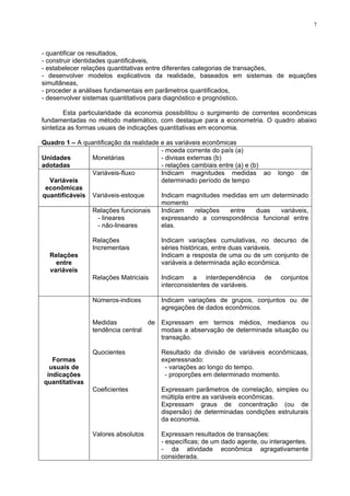7
- quantificar os resultados,
- construir identidades quantificáveis,
- estabelecer relações quantitativas entre diferentes categorias de transações,
- desenvolver modelos explicativos da realidade, baseados em sistemas de equações
simultâneas,
- proceder a análises fundamentais em parâmetros quantificados,
- desenvolver sistemas quantitativos para diagnóstico e prognóstico.
Esta particularidade da economia possibilitou o surgimento de correntes econômicas
fundamentadas no método matemático, com destaque para a econometria. O quadro abaixo
sintetiza as formas usuais de indicações quantitativas em economia.
Quadro 1 – A quantificação da realidade e as variáveis econômicas
Unidades
adotadas
Monetárias
- moeda corrente do país (a)
- divisas externas (b)
- relações cambiais entre (a) e (b)
Variáveis
econômicas
quantificáveis
Variáveis-fluxo
Variáveis-estoque
Indicam magnitudes medidas ao longo de
determinado período de tempo
Indicam magnitudes medidas em um determinado
momento
Relações
entre
variáveis
Relações funcionais
- lineares
- não-lineares
Relações
Incrementais
Relações Matriciais
Indicam relações entre duas variáveis,
expressando a correspondência funcional entre
elas.
Indicam variações cumulativas, no decurso de
séries históricas, entre duas variáveis.
Indicam a resposta de uma ou de um conjunto de
variáveis a determinada ação econômica.
Indicam a interdependência de conjuntos
interconsistentes de variáveis.
Formas
usuais de
indicações
quantitativas
Números-indices
Medidas de
tendência central
Quocientes
Coeficientes
Valores absolutos
Indicam variações de grupos, conjuntos ou de
agregações de dados econômicos.
Expressam em termos médios, medianos ou
modais a abservação de determinada situação ou
transação.
Resultado da divisão de variáveis econômicaas,
experessnado:
- variações ao longo do tempo.
- proporções em determinado momento.
Expressam parâmetros de correlação, simples ou
múltipla entre as variáveis econômicas.
Expressam graus de concentração (ou de
dispersão) de determinadas condições estruturais
da economia.
Expressam resultados de transações:
- específicas; de um dado agente, ou interagentes.
- da atividade econômica agragativamente
considerada.
 