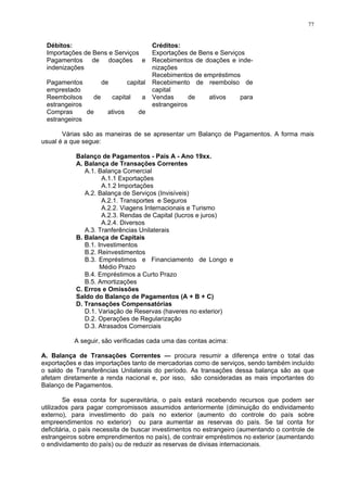 77
Débitos:
Importações de Bens e Serviços
Pagamentos de doações e
indenizações
Pagamentos de capital
emprestado
Reembolsos de capital a
estrangeiros
Compras de ativos de
estrangeiros
Créditos:
Exportações de Bens e Serviços
Recebimentos de doações e inde-
nizações
Recebimentos de empréstimos
Recebimento de reembolso de
capital
Vendas de ativos para
estrangeiros
Várias são as maneiras de se apresentar um Balanço de Pagamentos. A forma mais
usual é a que segue:
Balanço de Pagamentos - País A - Ano 19xx.
A. Balança de Transações Correntes
A.1. Balança Comercial
A.1.1 Exportações
A.1.2 Importações
A.2. Balança de Serviços (Invisíveis)
A.2.1. Transportes e Seguros
A.2.2. Viagens Internacionais e Turismo
A.2.3. Rendas de Capital (lucros e juros)
A.2.4. Diversos
A.3. Tranferências Unilaterais
B. Balança de Capitais
B.1. Investimentos
B.2. Reinvestimentos
B.3. Empréstimos e Financiamento de Longo e
Médio Prazo
B.4. Empréstimos a Curto Prazo
B.5. Amortizações
C. Erros e Omissões
Saldo do Balanço de Pagamentos (A + B + C)
D. Transações Compensatórias
D.1. Variação de Reservas (haveres no exterior)
D.2. Operações de Regularização
D.3. Atrasados Comerciais
A seguir, são verificadas cada uma das contas acima:
A. Balança de Transações Correntes — procura resumir a diferença entre o total das
exportações e das importações tanto de mercadorias como de serviços, sendo também incluído
o saldo de Transferências Unilaterais do período. As transações dessa balança são as que
afetam diretamente a renda nacional e, por isso, são consideradas as mais importantes do
Balanço de Pagamentos.
Se essa conta for superavitária, o país estará recebendo recursos que podem ser
utilizados para pagar compromissos assumidos anteriormente (diminuição do endividamento
externo), para investimento do país no exterior (aumento do controle do país sobre
empreendimentos no exterior) ou para aumentar as reservas do país. Se tal conta for
deficitária, o país necessita de buscar investimentos no estrangeiro (aumentando o controle de
estrangeiros sobre emprendimentos no país), de contrair empréstimos no exterior (aumentando
o endividamento do país) ou de reduzir as reservas de divisas internacionais.
 